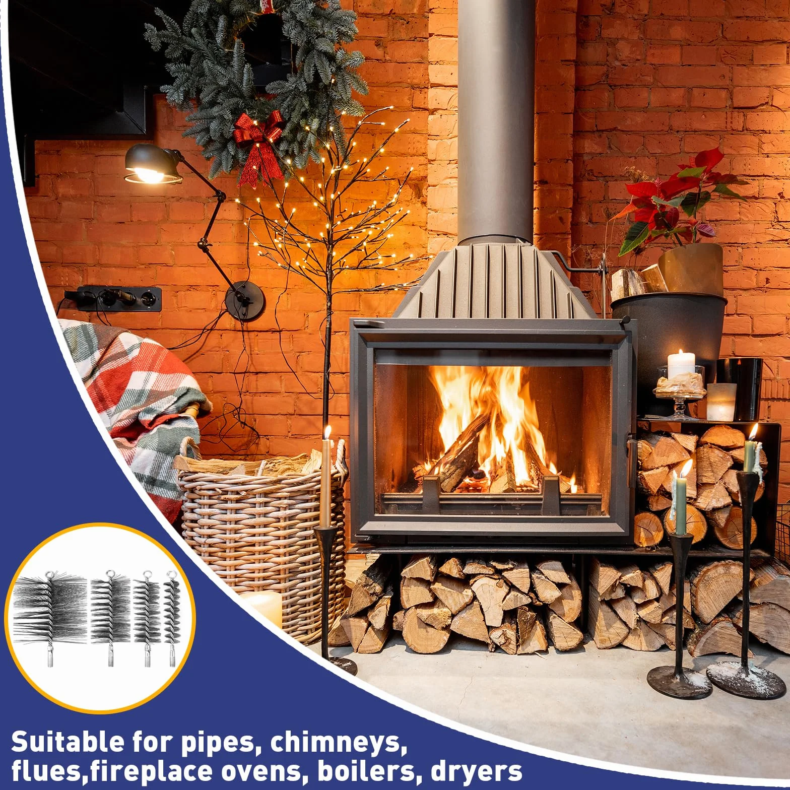 4 PCS Cepillo Deshollinador de Chimeneas 30/50/80/150 mm Cepillos de Tubo de Estuf con Alambre de Acero de 1m para Limpiar Chimeneas, Tuberías, Calderas