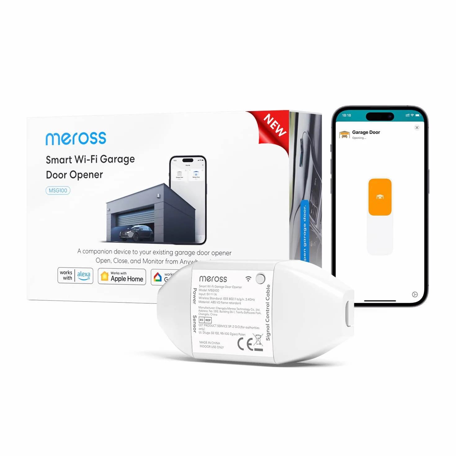 Meross Abridor de Puertas de Garaje Inteligente, Control Remoto y de Voz, Función de Cronómetro, Compatible con Apple HomeKit, Alexa, Google Asistente y SmartThings