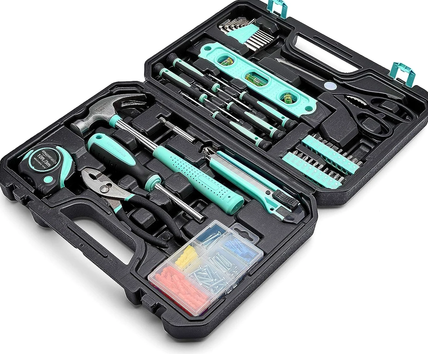 Amazon Basics - Kit de herramientas para el hogar con estuche, 142 unidades, Azul Turquesa, 34 x 23,5 x 7,5 cm