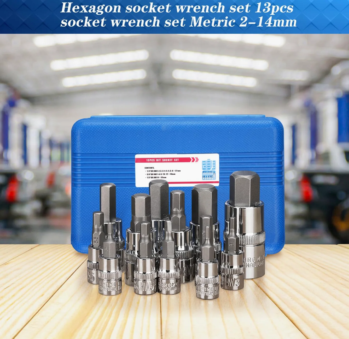 Juego de Llaves de Vaso Hexagonales,13pcs Llaves de Vaso en acero de aleación S2, Llave Allen Puntas Hexagonales, con Adaptadores de Vaso 1/2" 3/8" 1/4", para llave Dinamométrica y Talatro