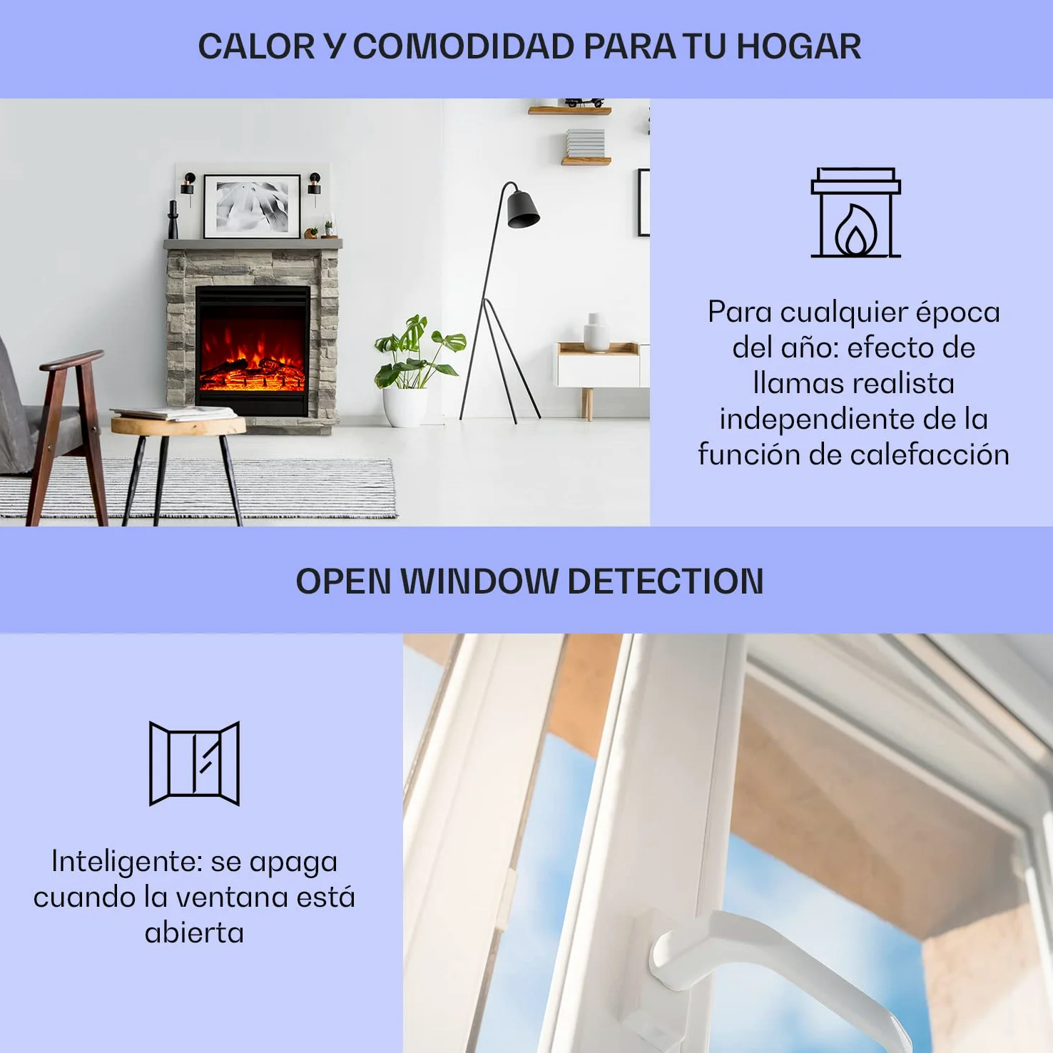 Klarstein Chimenea Electrica Bajo Consumo Pared, Estufa sin Leña de Interior, Chimeneas Electricas Decorativas 1800W, Llama LED, Chimenea Decorativa con Mando, Temporizador y Efecto Real Troncos