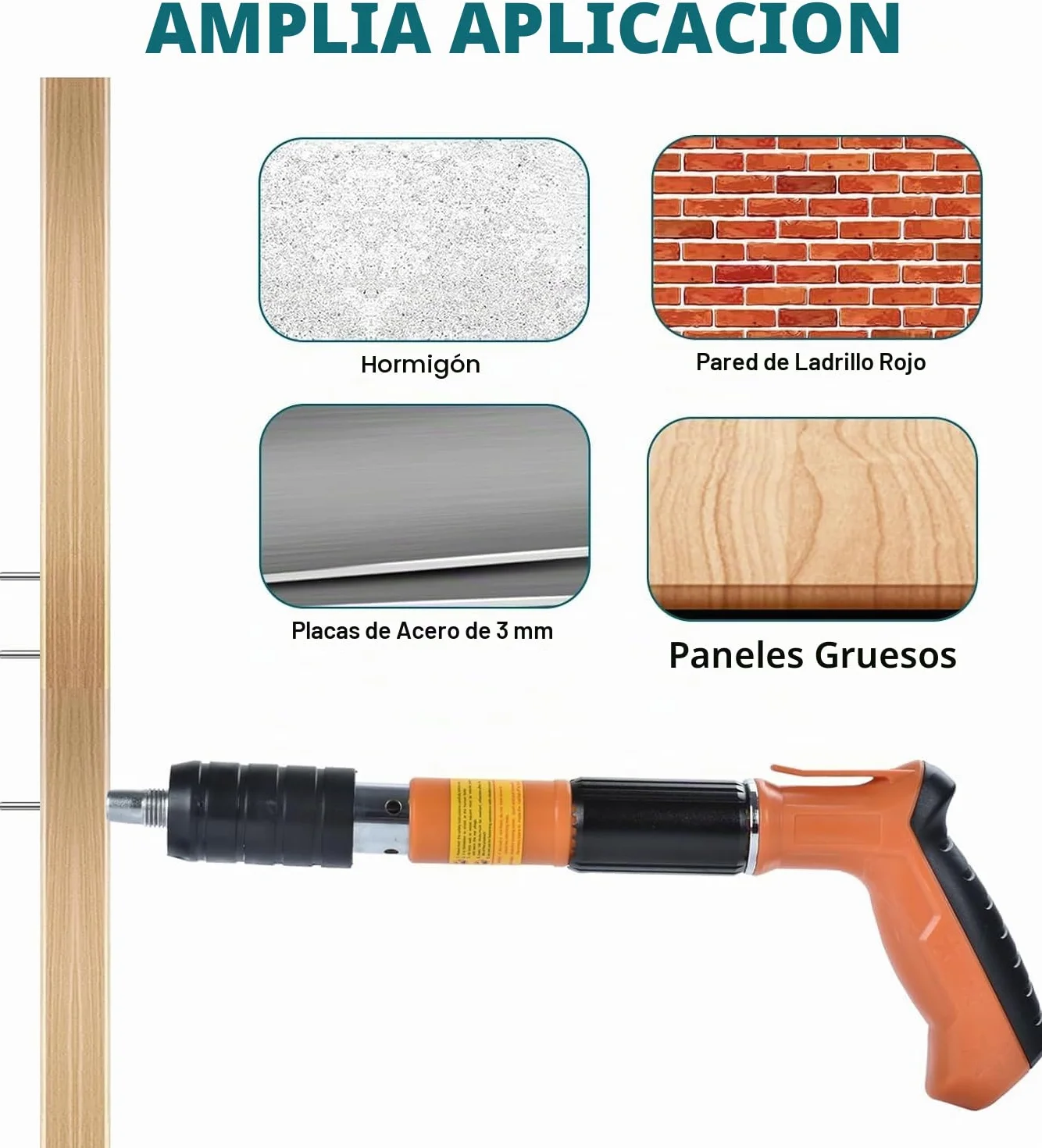 Clavadora Beton inalámbrica,Pistola de uñas neumática Kit,Pistola manual de uñas con 5 niveles de ajustable,Pistolas de uñas portátiles con 120 clavos redondos,Gafas guantes (naranja)