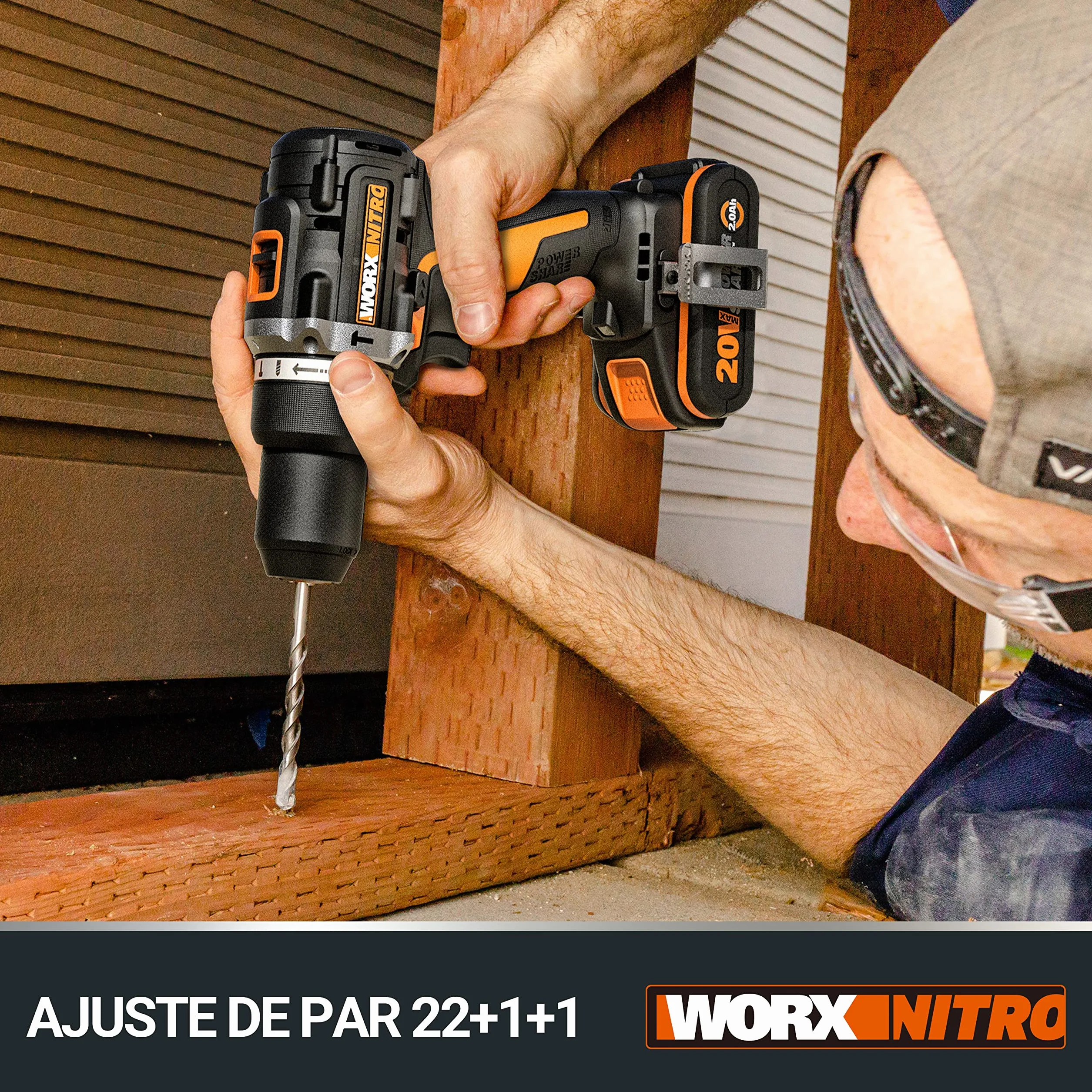 WORX Taladro Percutor a batería 20V Máx | WX352 | Motor sin escobillas | Power Share | 2 baterías de 2Ah | Cargador y maletín | Portabrocas metálico, carcasa de engranajes metálica