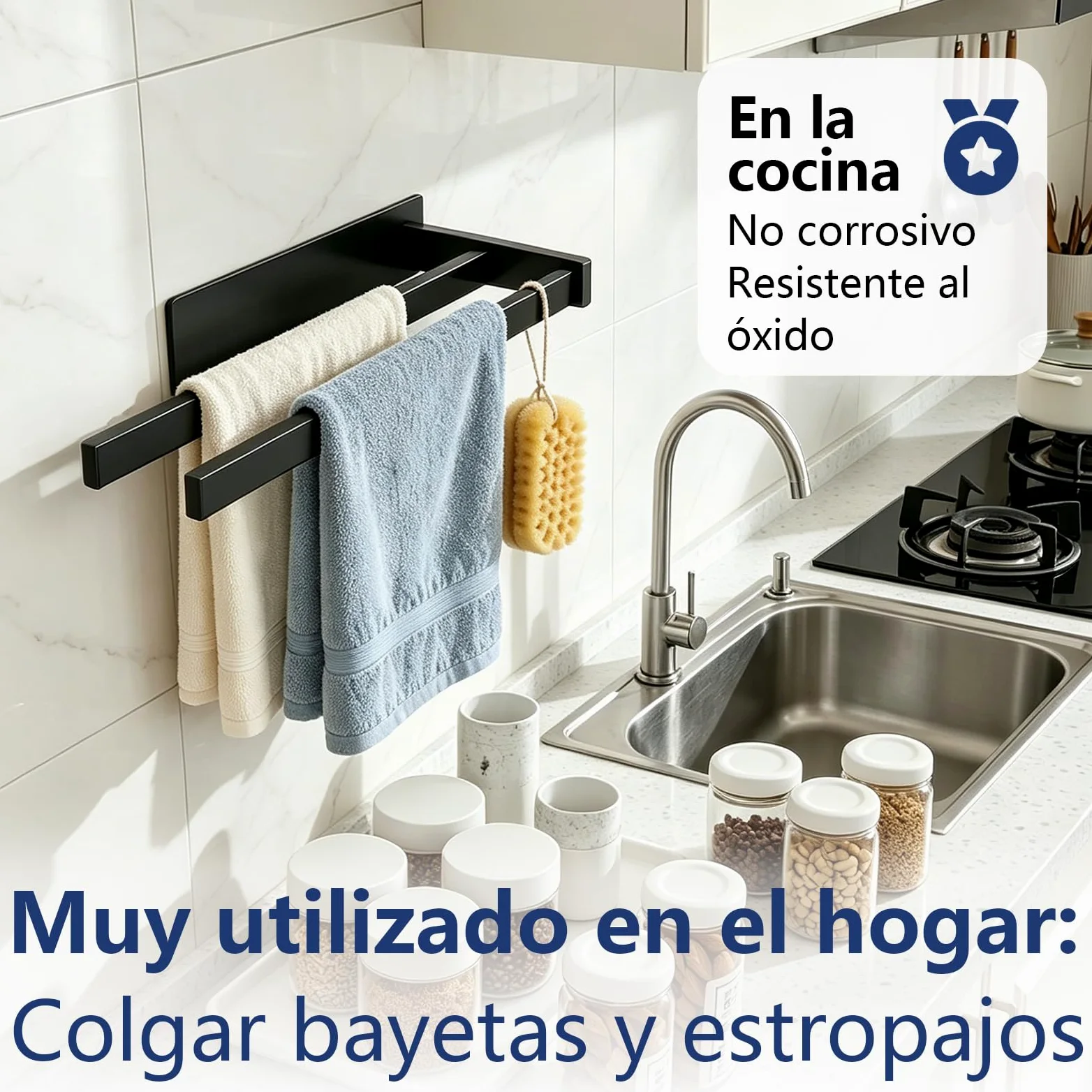 Feligio Toalleros de Baño Sin Taladro Negro 36 cm - Toallero Adhesivo Baño Acero Inoxidable Doble Barra - Fácil Instalación para Cocina y Baño