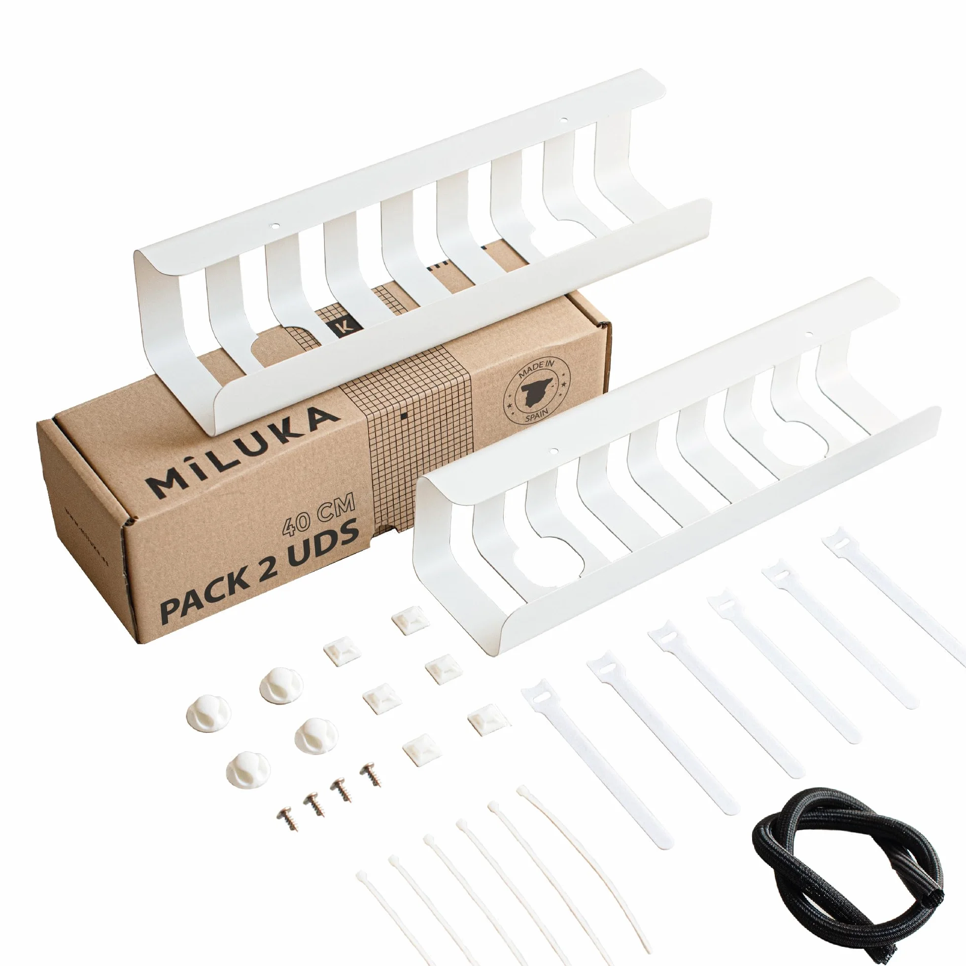 Pack 2 Organizadores de Cables para Escritorio | Bandejas para Cables de 40x10 cm en Blanco Mate | Ideal para Mesa de Oficina, Gaming o TV