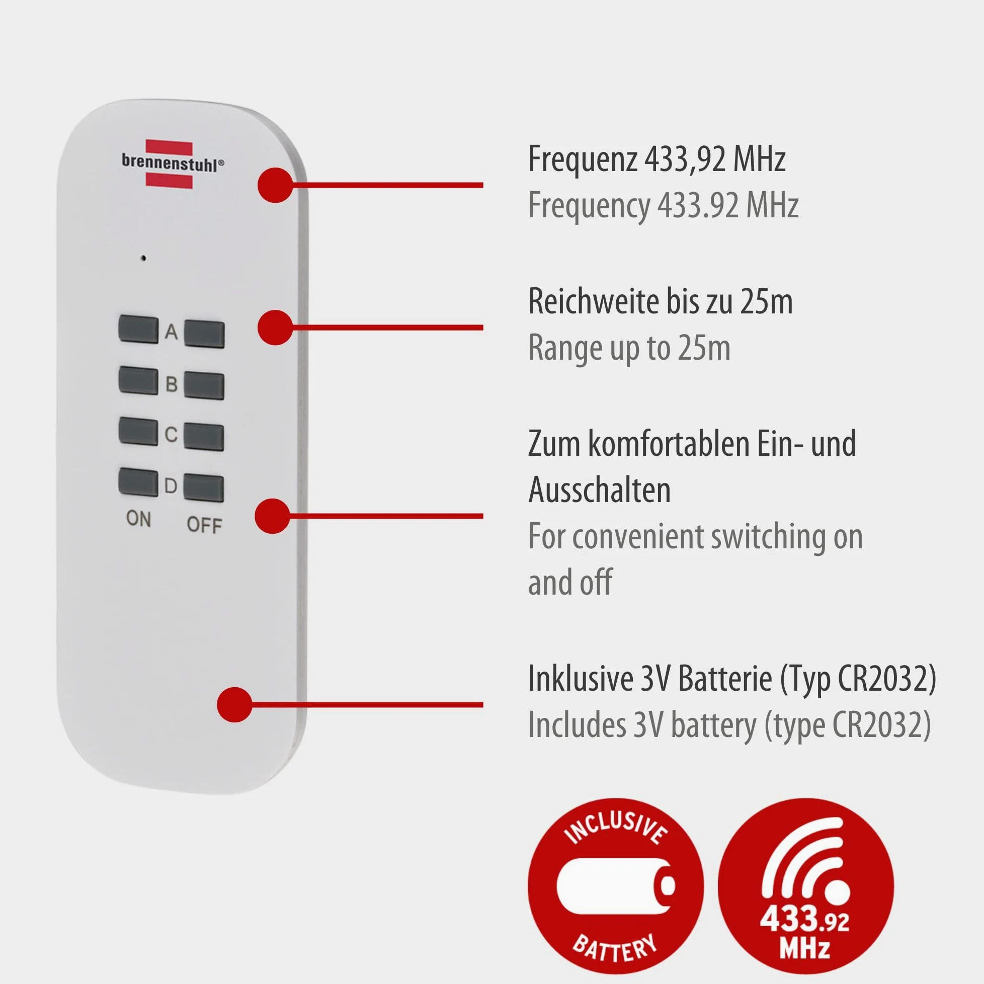 Brennenstuhl Comfort-Line set de 4 enchufes de radio (enchufes inalámbricos para uso en interiores, mando a distancia, radio control)