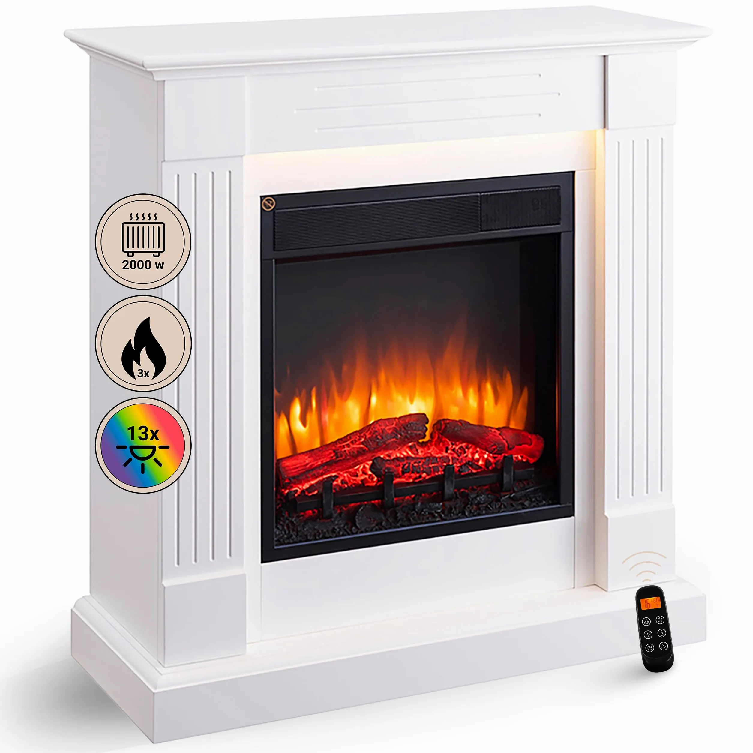 BALDERIA Chimenea eléctrica de pie Ladina, 2000 W, Blanco | Efecto de Llama 3D, Calentador, Calefacción, Iluminación Ambiental LED, Mando a Distancia, Temporizador y termostato