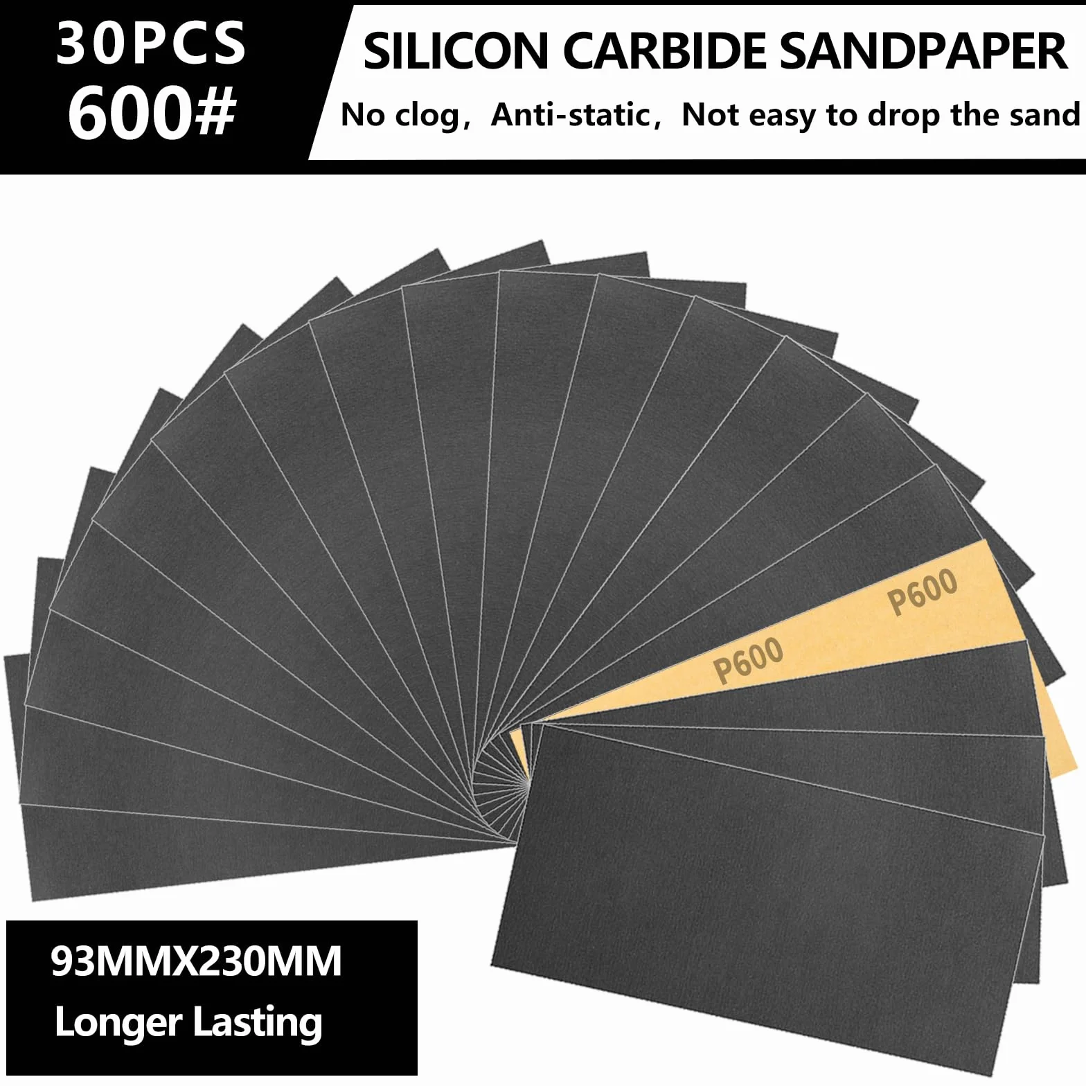 93x230mm Papel de Lija Resistente al Agua, 30 Piezas de Lija para Uso en Húmedo y en Seco, Grano 600, para Trabajar la Madera, Desincrustar Metales y Preparar Superficies.