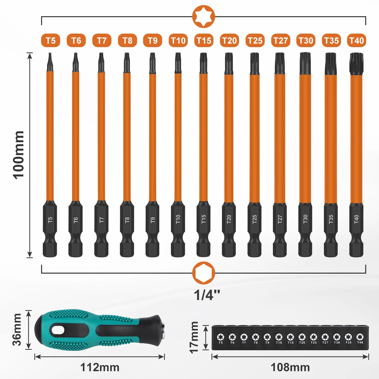 EFUTURETIME Juego de Destornilladores Torx 100mm, T5 T6 T7 T8 T9 T10 T15 T20 T25 T27 T30 T35 T40, 13pcs Destornilladores Torx Largos Magnético con Atornillador Manual, Acero S2