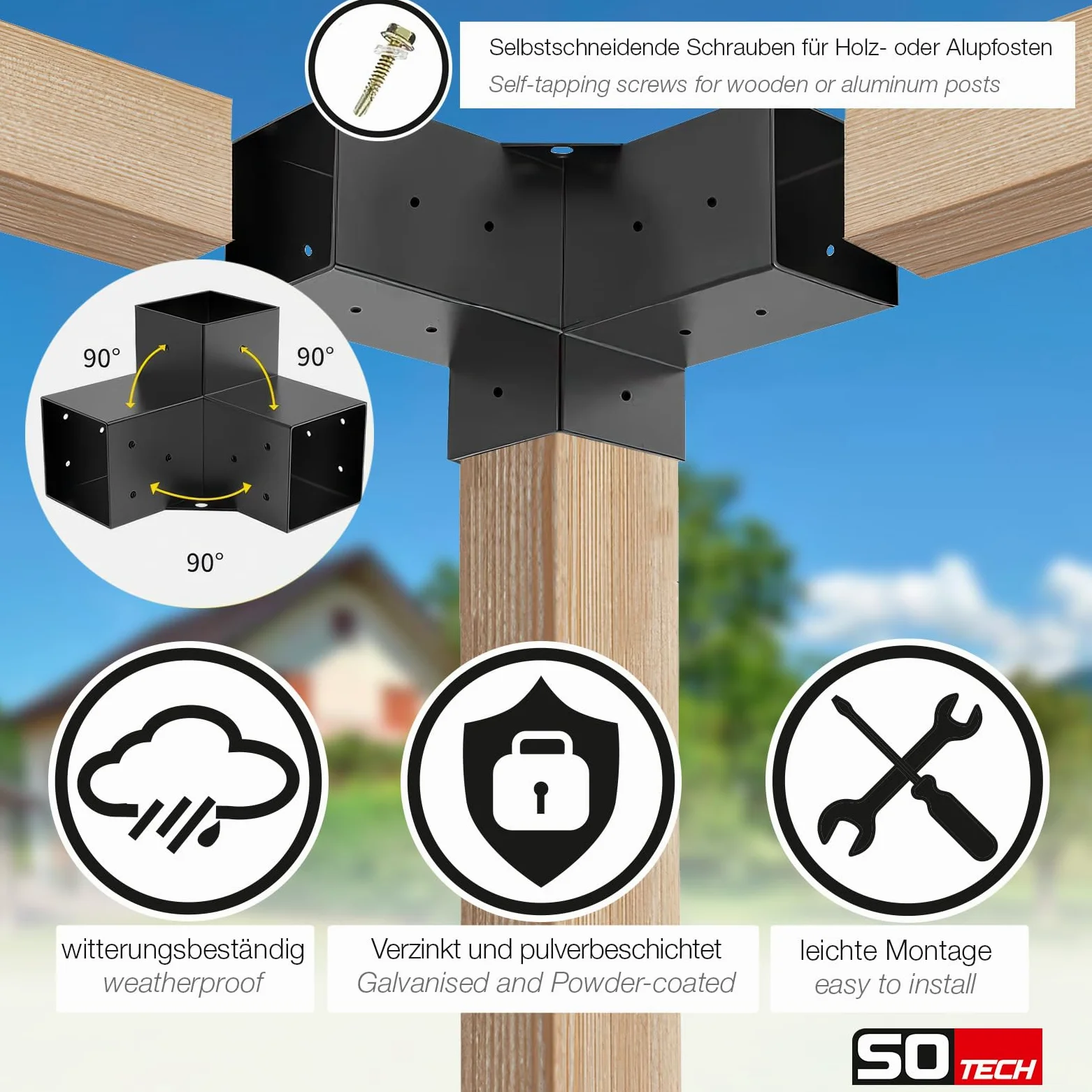 SOTECH Conector de esquina 90 x 90 mm (conector de 3 vías) de acero cuadrado galvanizado y recubierto de polvo negro para una máxima protección contra la corrosión