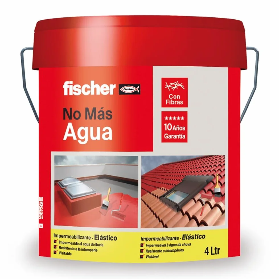 fischer - Pintura Impermeabilizante con Fibras | Resistente al Agua y Exteriores | Protección Elástica y Antideslizante | Ideal para Terrazas y Techos | 4L (Cubo 5kg) | Blanco