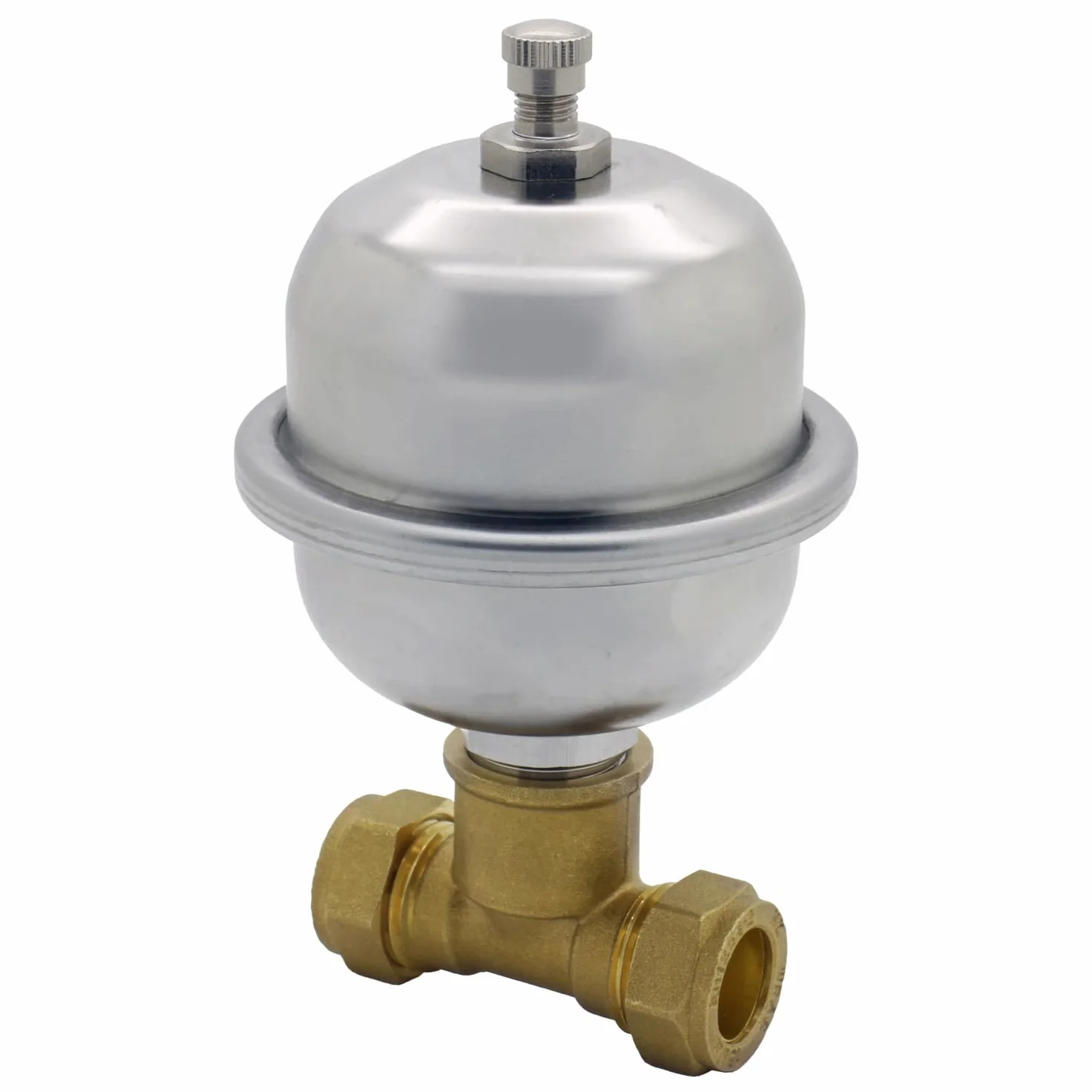 Shock Arrestor - Mini recipiente de expansión de 0,16 L, T de 15 mm, acero inoxidable, evita tuberías ruidosas, aprobado por WRAS, 135 mm de altura, 80 mm de diámetro (amortiguador + T de 15 mm)