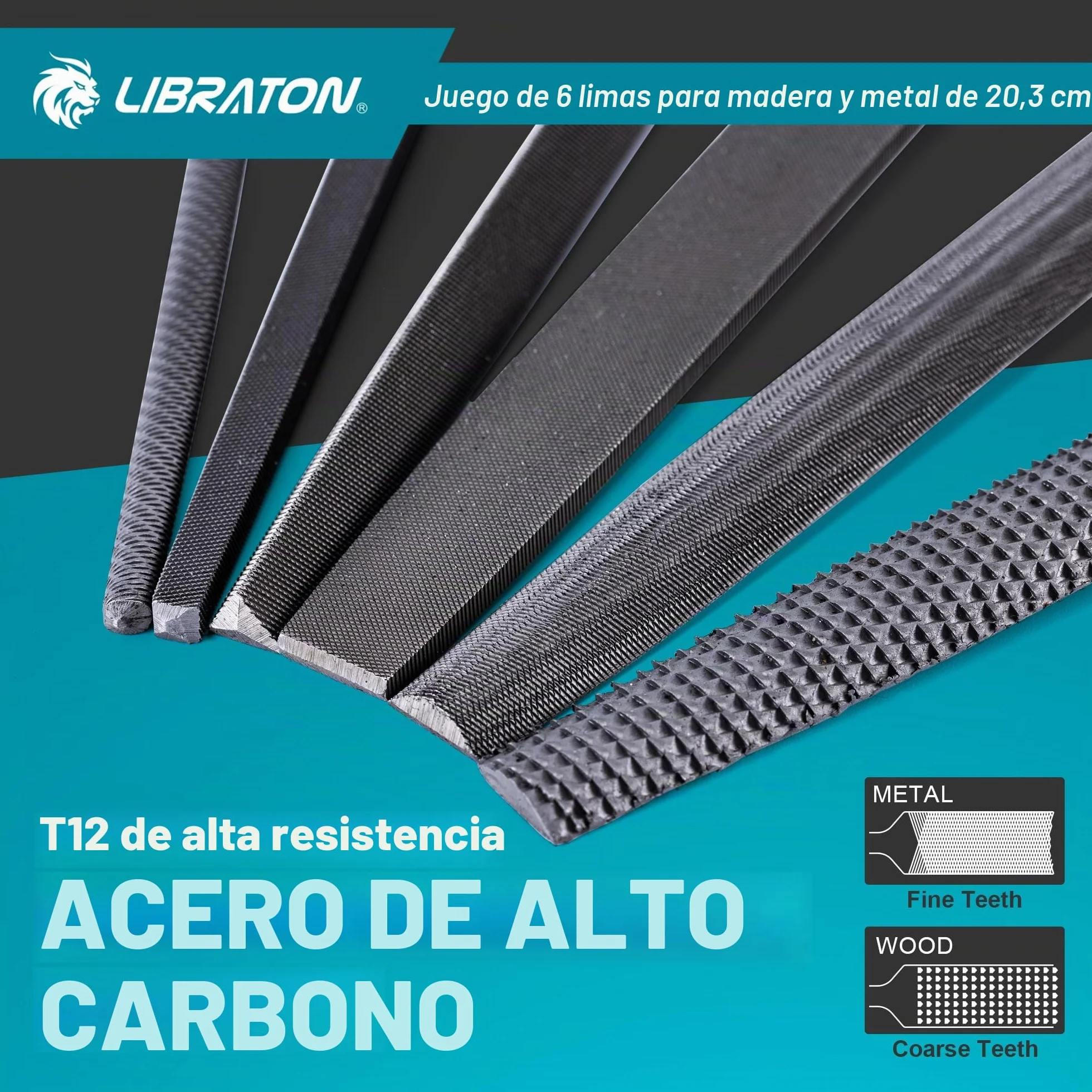 Libraton Limas de Metal, Limas para Metal de 6 Piezas, Limas de Acero con Alto Contenido de Carbono, Lima Metálica con Mango de Goma, Juego de Limas de 8 Pulgadas Incl 1 Escofina para Madera