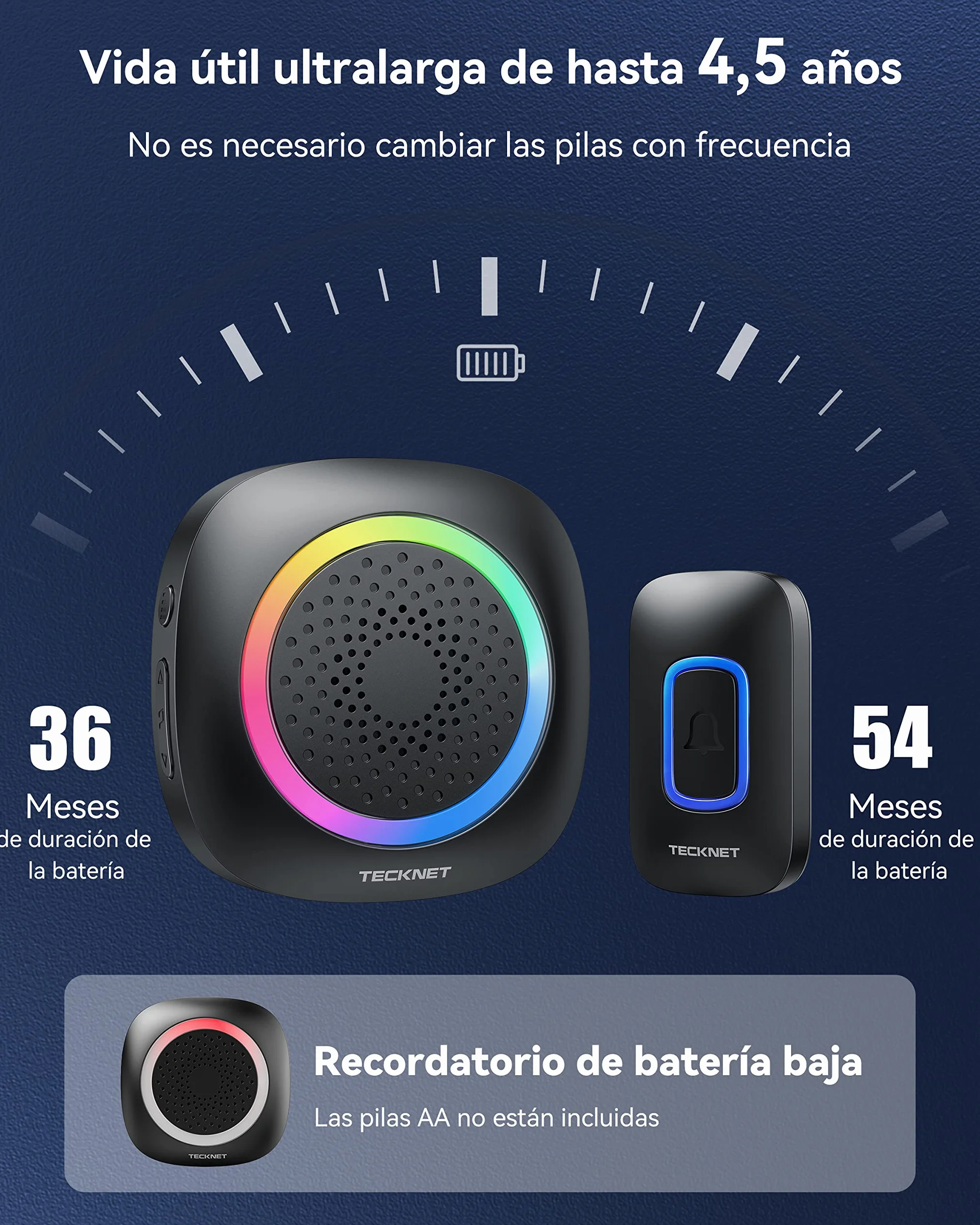 TECKNET Timbre Inalambrico Exterior, RGB Timbre Inalámbrico Exterior Impermeable IP66 con 2 Receptores, 400M Alcance, 5 Niveles de Volumen y 60 Melodías, Doorbell al Estilo de la Batería, Portátil
