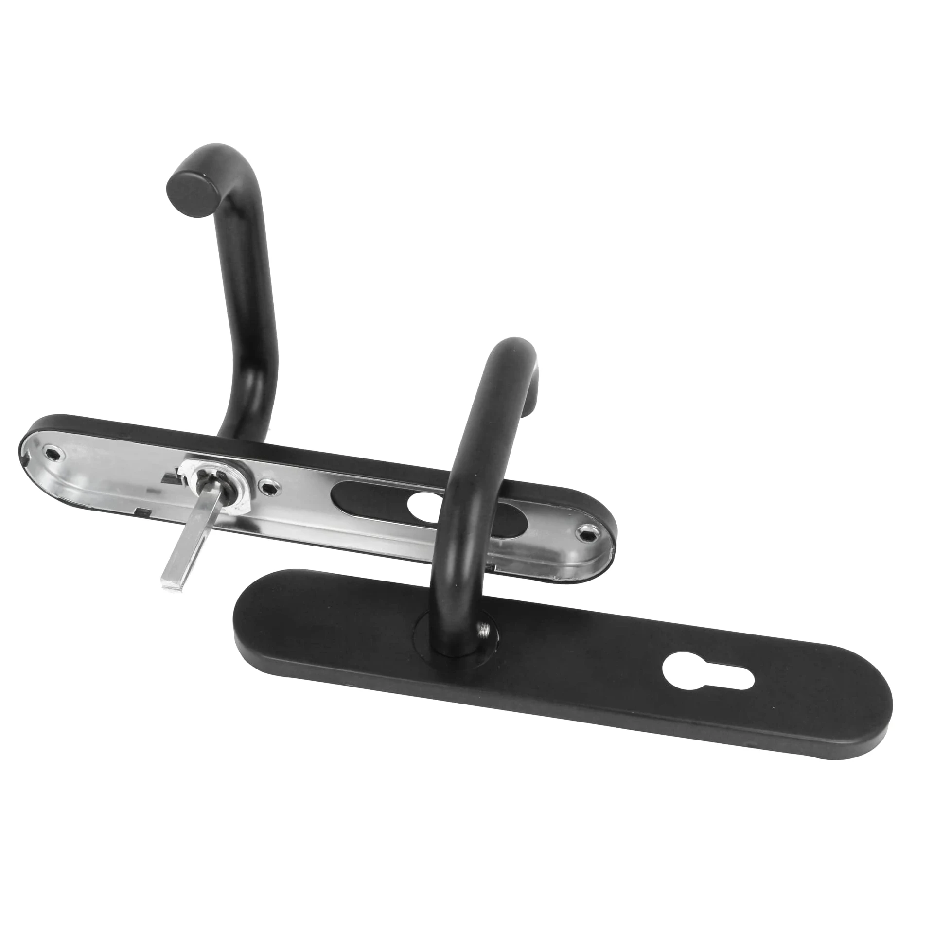 Amig - Juego de Manilla con Placa de Polipropileno para Puertas - 245 x 45 mm - Cuadradillo de 8 mm - Diseño Sencillo ideal para tu hogar u oficina - Con Bocallave - Acero y Polipropileno Negro
