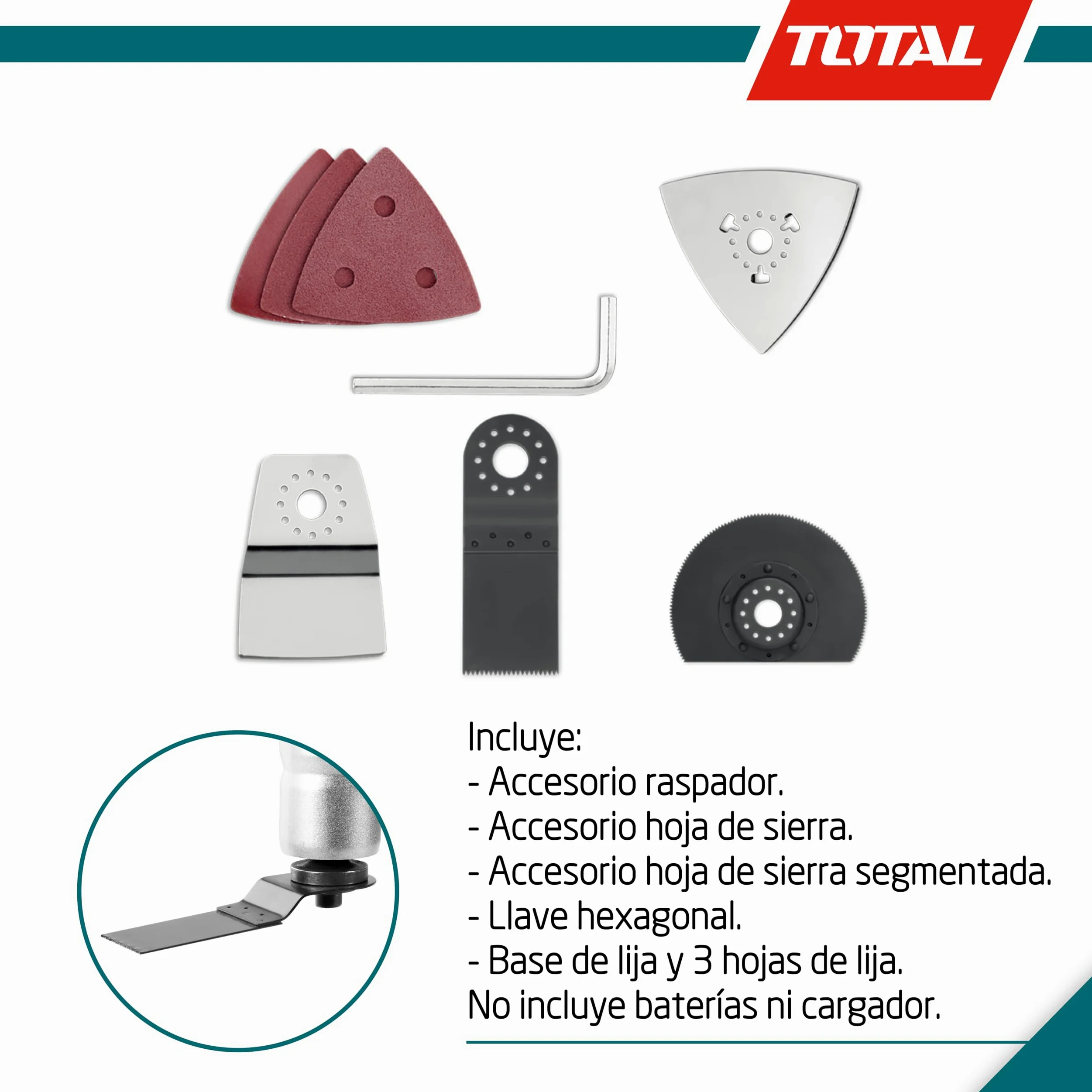 TOTAL - Multiherramienta Eléctrica - A Batería P20S 20 V - Incluye Raspador, Sierra, Sierra Segmentada, Llave Hexagonal y Base de Lija - Incluye 3 Hojas de Lija - Velocidad Regulable