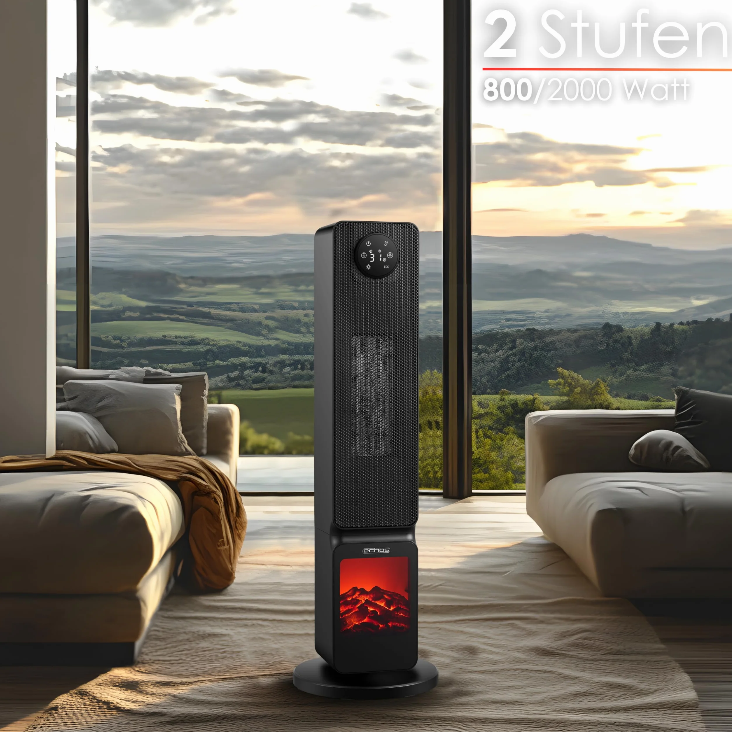 Calefactor con ilusión de chimenea 2000 W, 2 niveles, oscilante, controlable mediante smartphone Tuya, silencioso