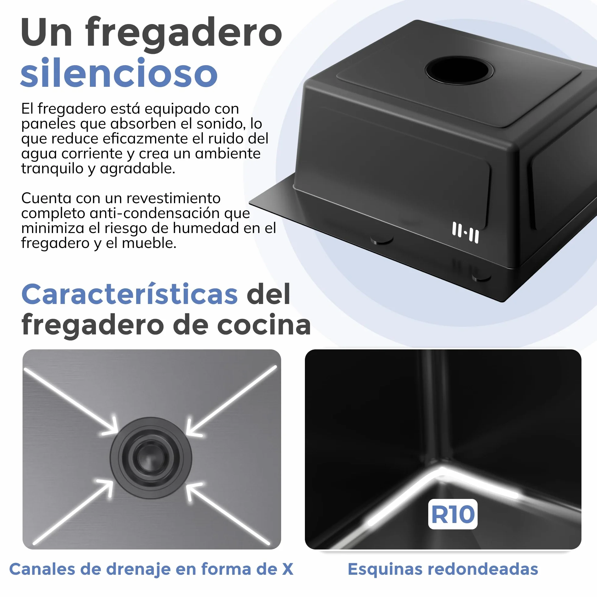 ANW HOME Fregadero Cocina 1 Seno Sobre Encimera con Escurridor, Acero Inoxidable 304, 78x50 cm, Grafito PVD, Acabado con Nano-Revestimiento, Grosor 3.0+1 mm, 22 cm, con Sifón, Dosificador y Cesta