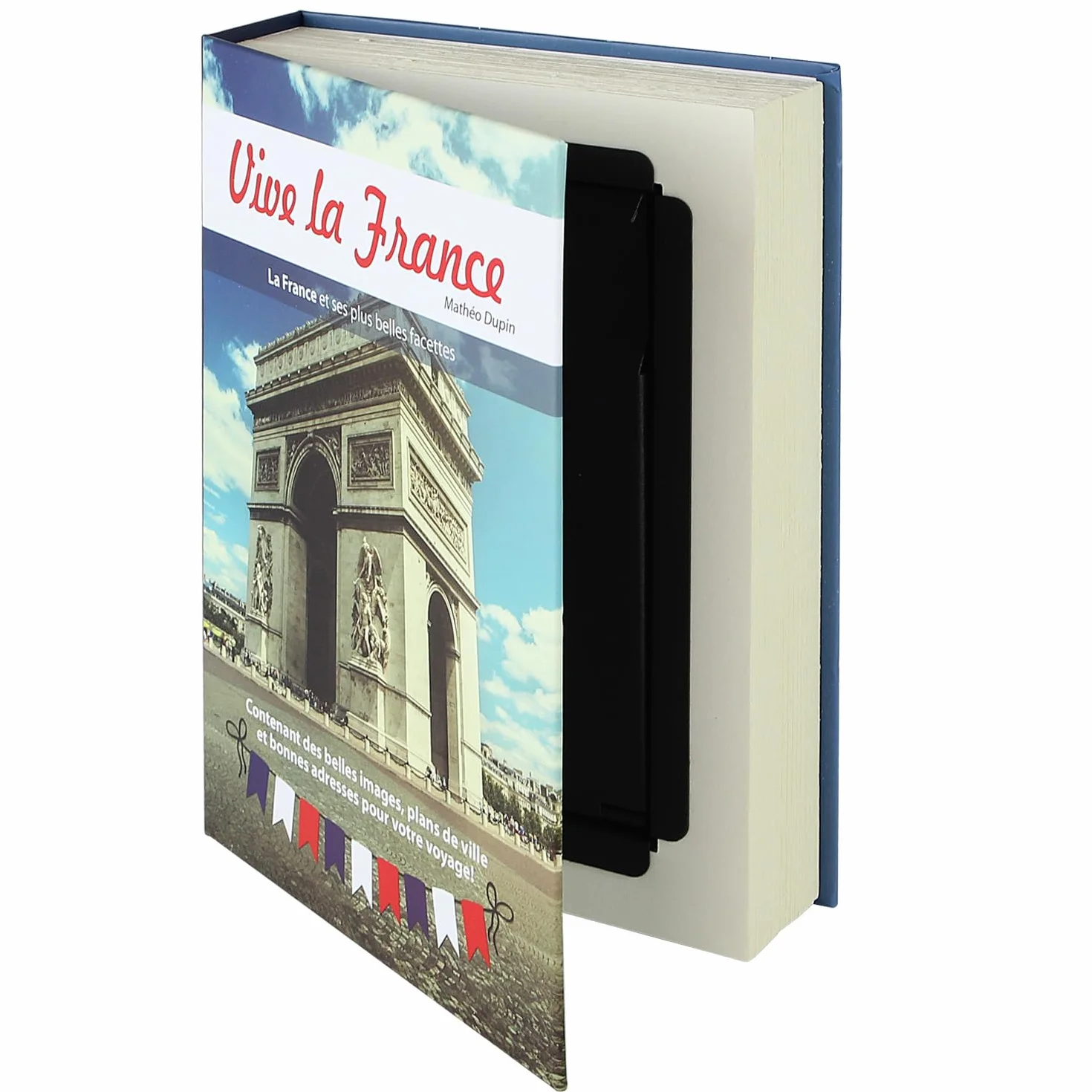 HMF 80925 caja fuerte en forma de libro, caja de caudales camuflada, páginas de papel auténticas, "Vive la France", 23 × 15 × 4 cm, rotulación en francés