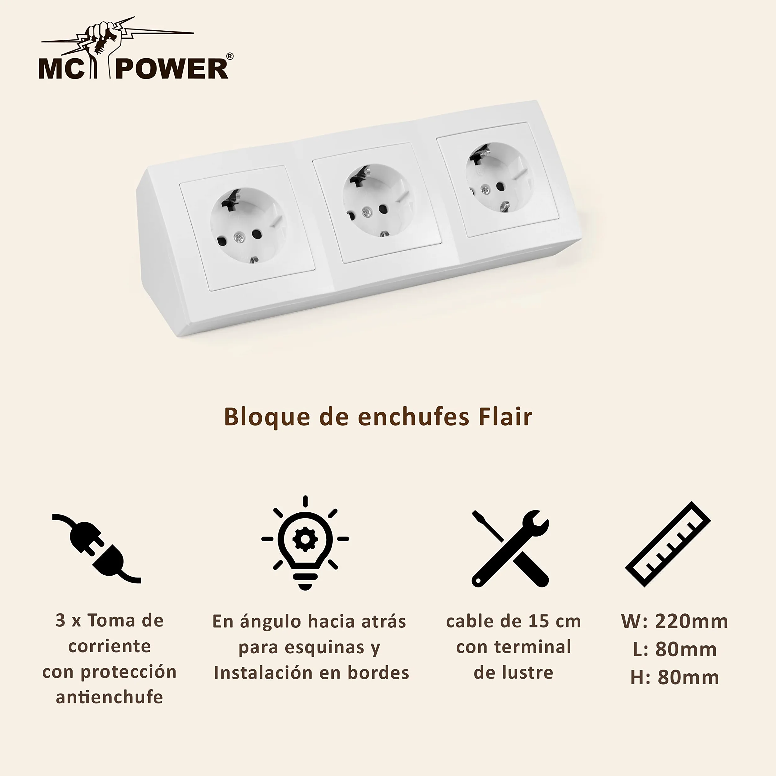 Bloque de bases de enchufe MC POWER | Flair | Bases de enchufe de 3 vías con contacto de puesta a tierra, cable de 15cm con terminal de lustre, 250V/ 16A, montaje en superficie, blanco mate