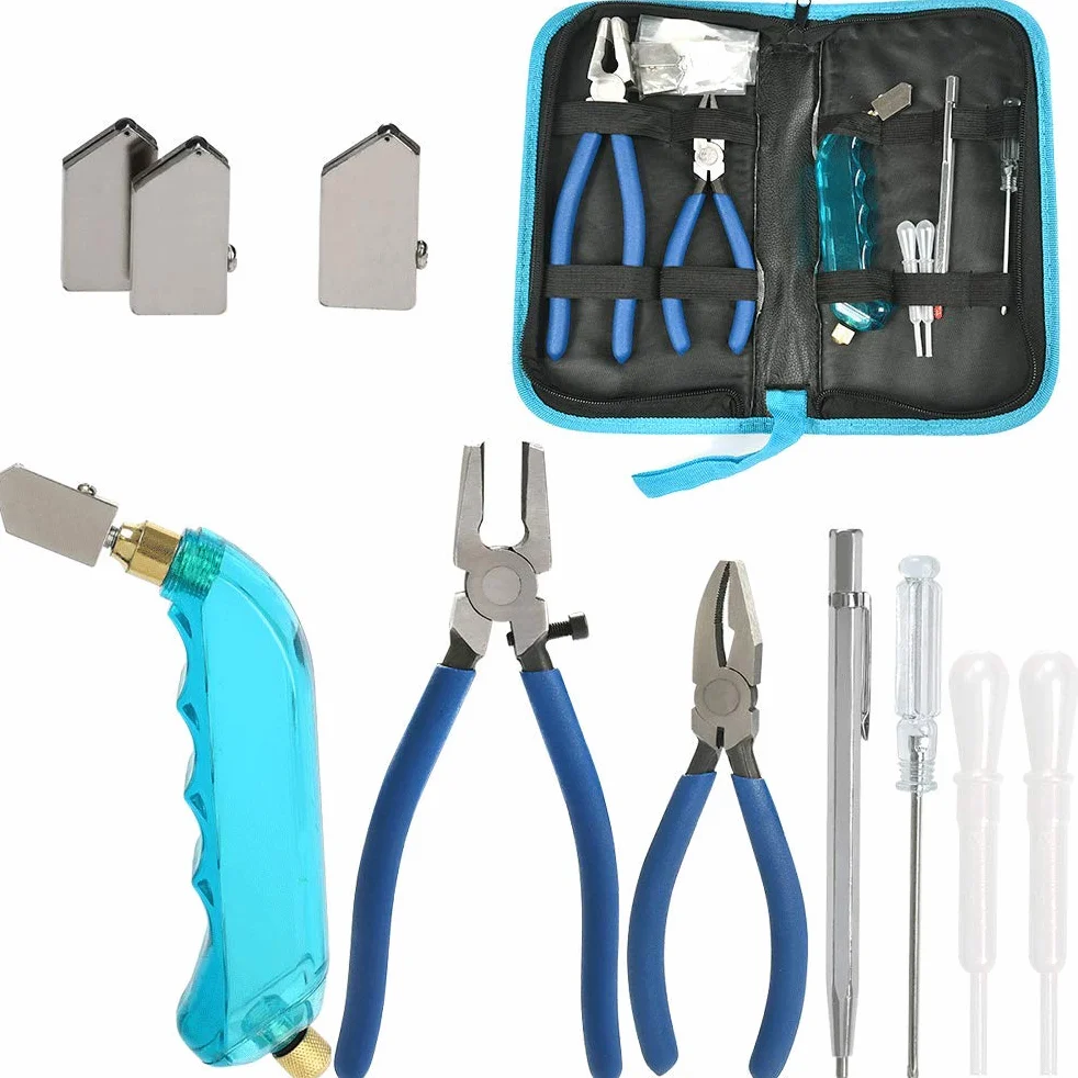 12 PCS Juegos de Cortador de Vidrio Herramientas para Cortar Vidrio con Cabezal de Corte Reemplazable, Gotero, Pluma de Grabado, Destornillador, Cortavidrios para Vidrio, Espejo, Baldosas