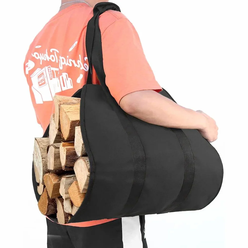 ZONSUSE Bolsa de Transporte para Leña de Lona, Bolsas de leña para Chimenea, Bolsa de Leña Almacenamiento Plegable, Accesorios para Estufa, para Interior y Exterior, Camping, Playa, Hoguera (Negro)