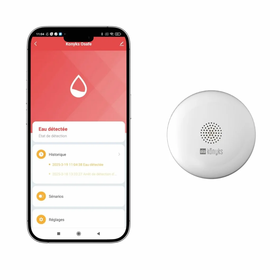 Konyks Osafe - Detector de Fugas de Agua e inundación Conectado WiFi 2.4 GHz, Bluetooth, Compatible con Tuya Smart y Smartlife, 69x27,6 mm, IP67