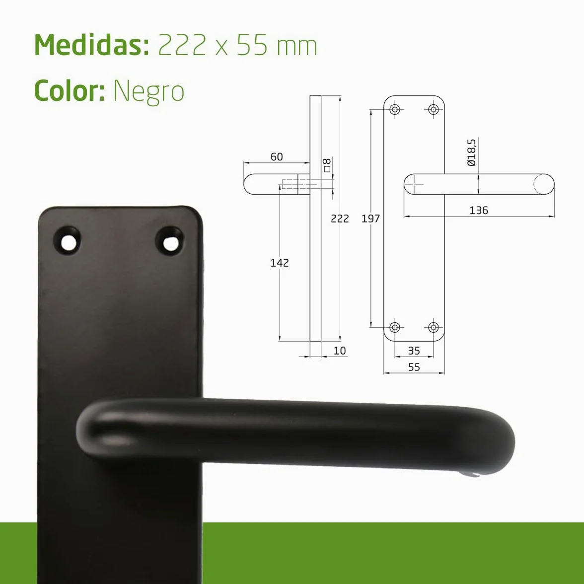 Amig - Juego de dos Manillas con placa - Maneta para puerta de interior o exterior - Sin bocallave - Aluminio - Color Negro - 139 x Ø19 mm - Medidas: 222x55x10mm