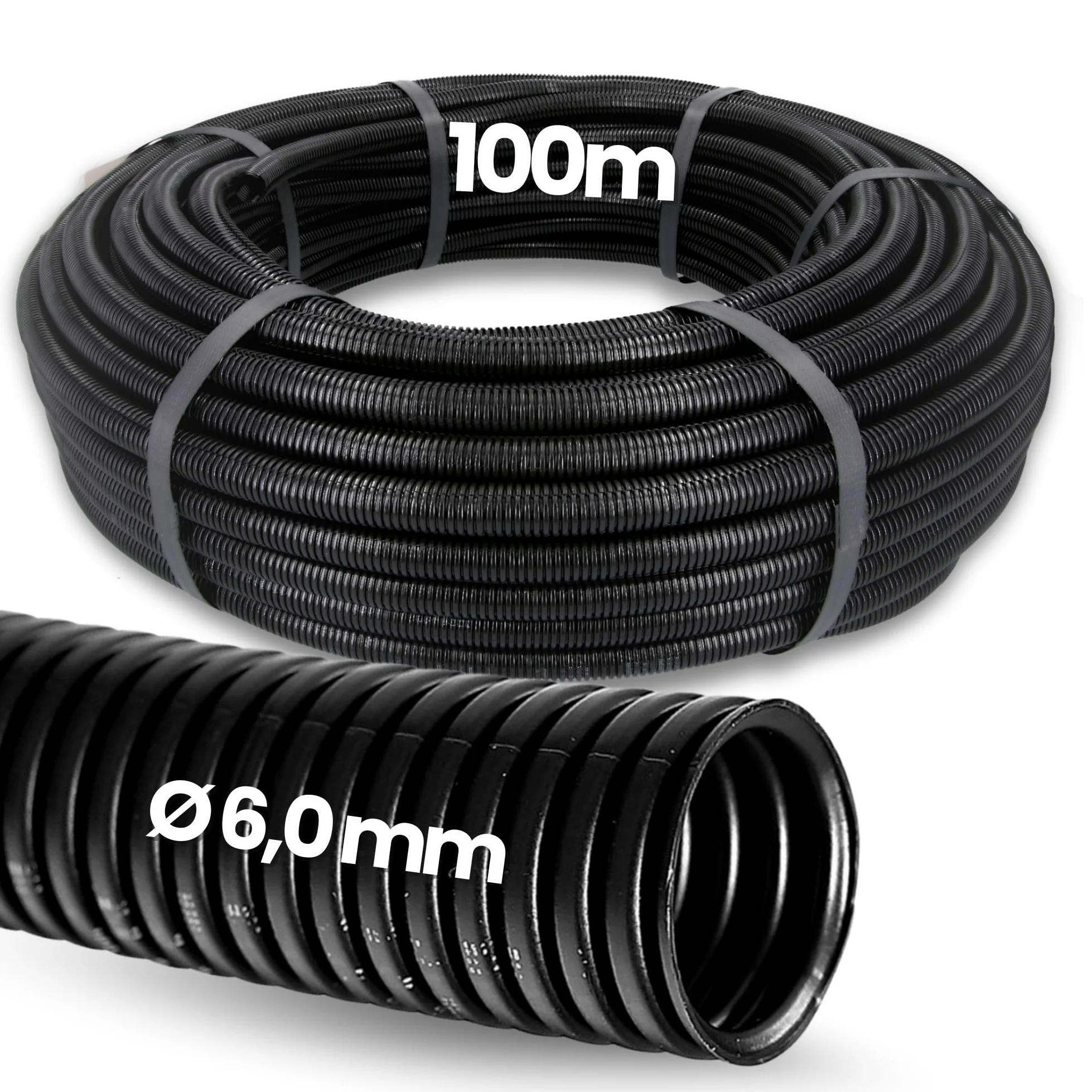 Kalitec - 100 m Tubo Corrugado Cerrado NW 6, Protección de Cable y Martas | Manguera protectora negra de polipropileno, resistente a UV, ignífuga, exterior 9,2 mm, interior 6 mm, ideal para jardín