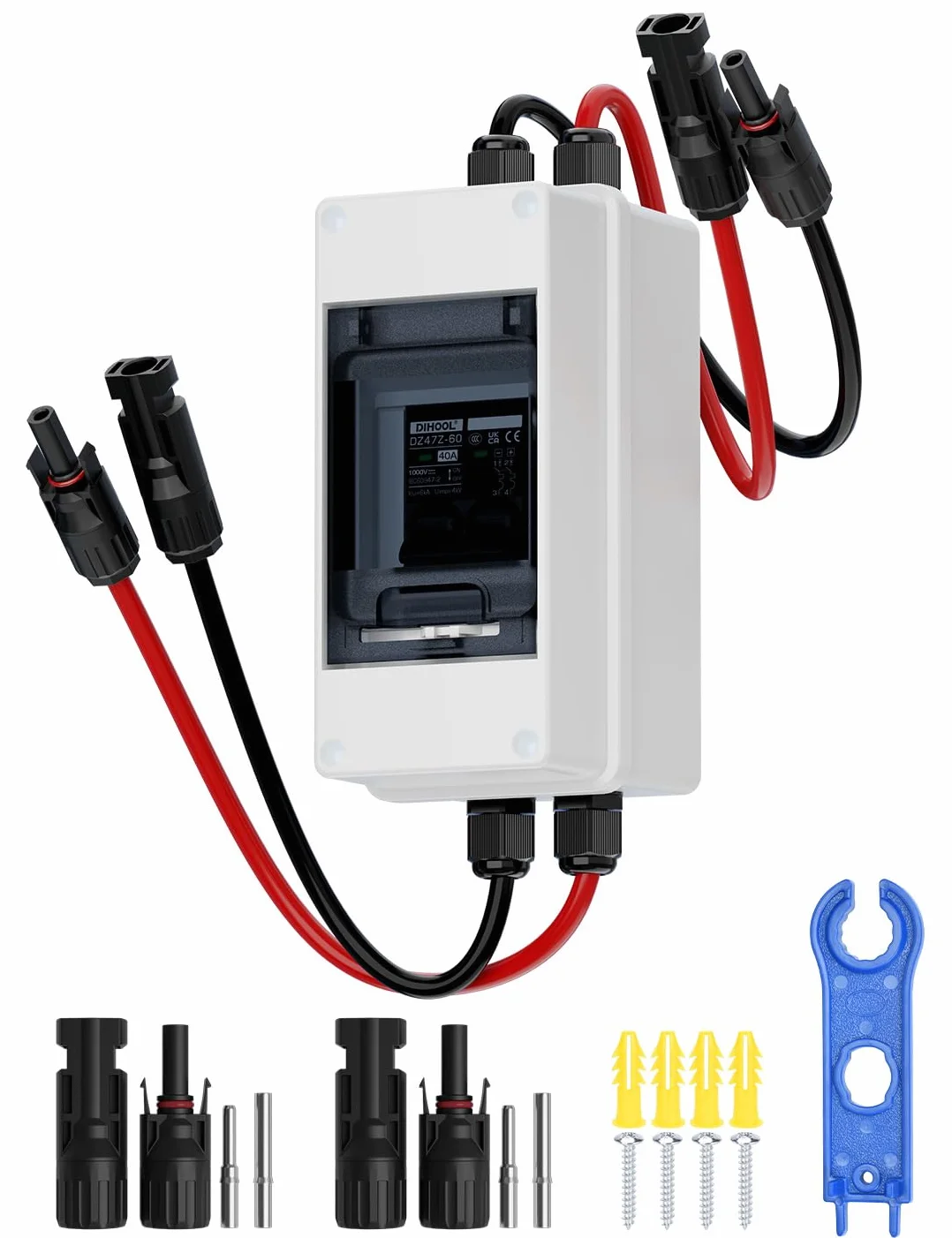 DIHOOL 40A 1000V interruptor de protección de circuito DC disyuntor de protección fotovoltaica con carcasa IP65 impermeable conector solar cable para instalaciones solares