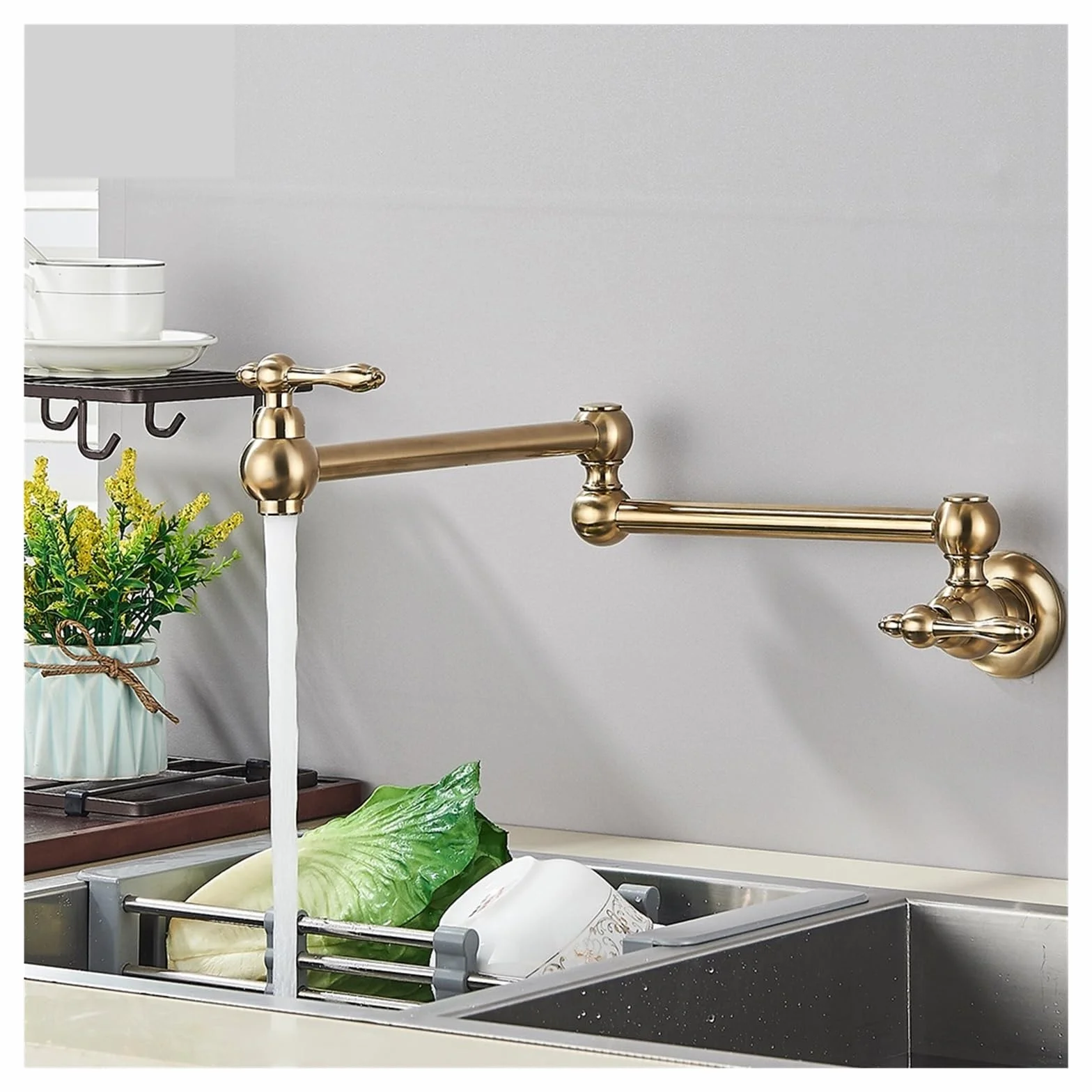 Grifo de llenado de ollas de latón dorado cepillado, grifo de cocina de agua fría montado en pared, caño plegable giratorio