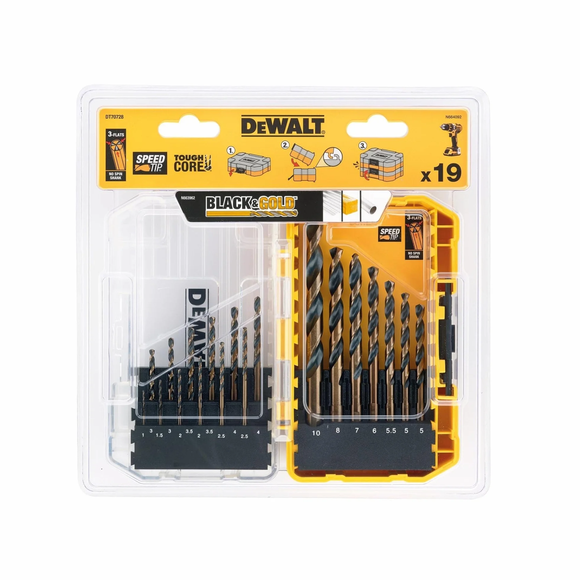 DEWALT DT70728-QZ - Juego de brocas para metal (19 piezas), Acero, Núcleo central cónico, Vástago Antideslizante
