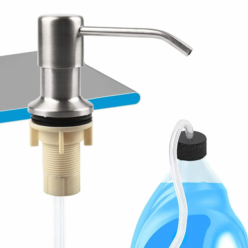 Dispensador de jabón para fregadero de cocina y tubo de extensión de acero inoxidable,con tubo de 120 cm,bomba dispensadora y 4 tapones universales para botellas, accesorios fregadero de cocina, plata