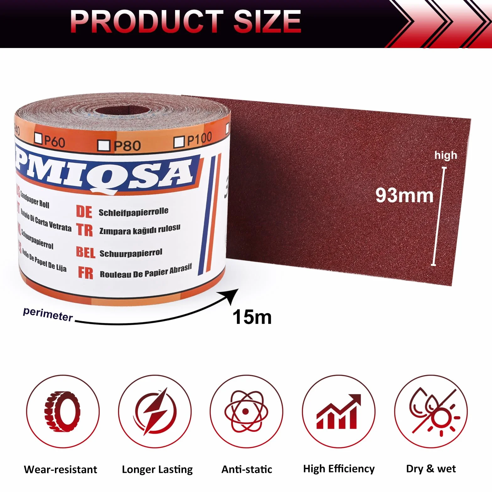 Rollo De Papel De Lija Grano 80, 93 Mm X 15 M, Papel De Lija De óXido De Aluminio Para Lijar, Pulir Y Eliminar El óXido