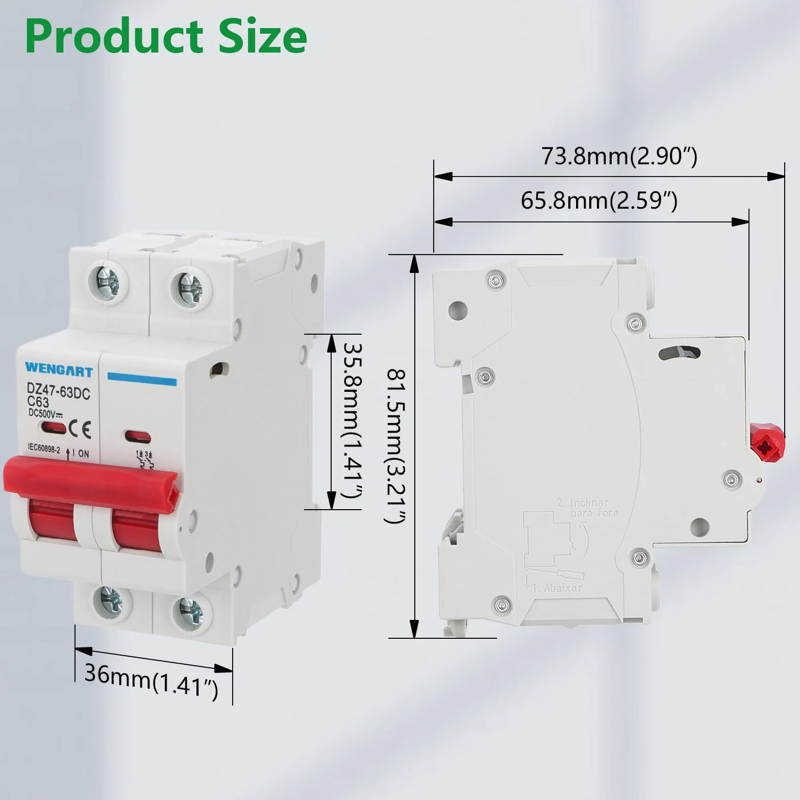 Wengart Magnetotérmico de CC (Corriente Continua) 63A 500V,Disyuntor Bipolar (2P) para Instalaciones Solares Fotovoltaicas,Autocaravanas y Baterías,Montaje en Carril DIN