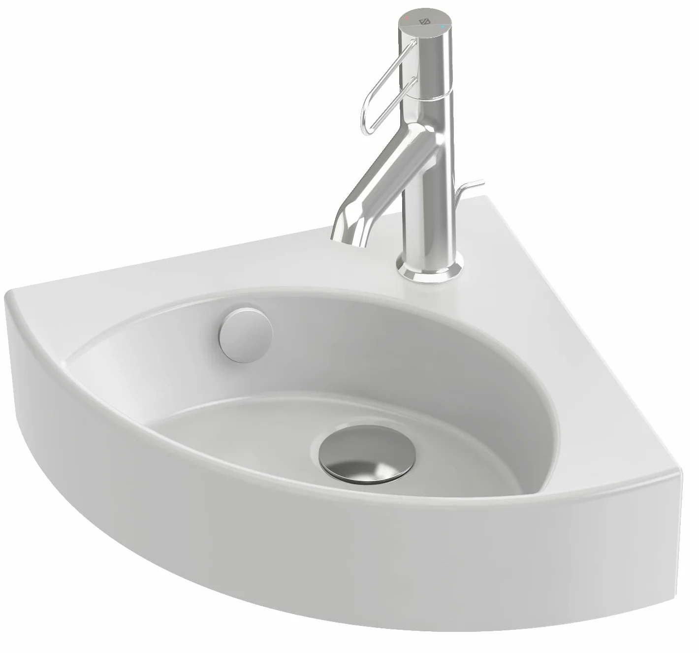 JACOB DELAFON Lavamanos pequeño en esquina para baño Lavabo compacto de cerámica blanca, fácil limpieza y mantenimiento 1 orificio para grifería 34x34 cm Odéon Rive Gauche EGP112-00