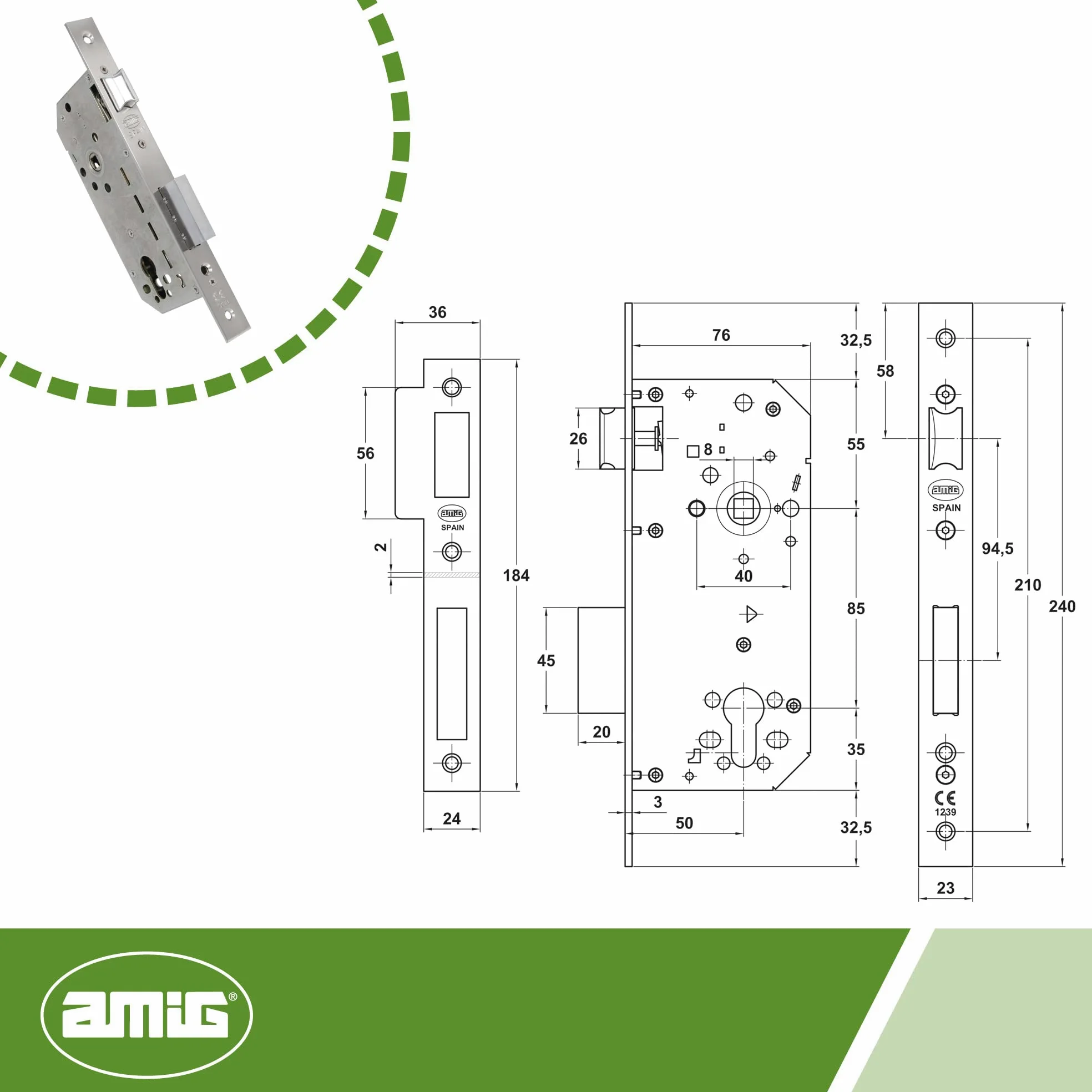 Amig - Cerradura de Embutir para Puertas de Madera - Con Paletón de Cierre - Frente y Soporte en Canto Cuadrado - Entrada de 50 mm - Picaporte reversible - Acero - Plateado Mate - 240 mm