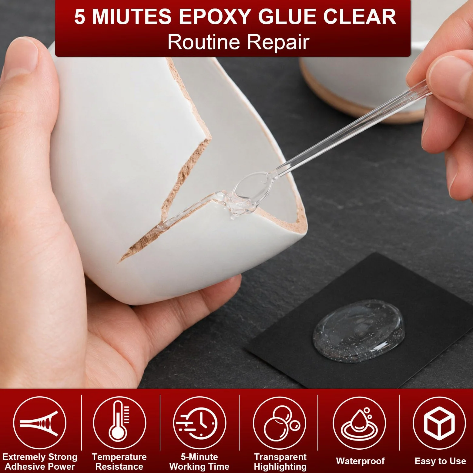 5 Minutos Pegamento Epoxi 250ml, Transparente Alta Resistencia Tenacidad y Durabilidad, Epoxi 2 Componentes Para la Restauración de Azulejos, Metales, Cerámica, Plásticos, Madera