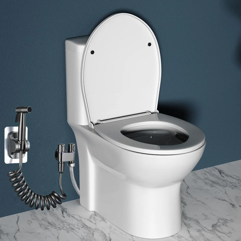Grifo Bidet para WC Bidet Kit Edelstahl Ducha Higienica mit Soporte Tubo de Resorte Adhesivo Pulverizador de Válvula de Doble Control Para Inodoro Ducha de Mano Para Baños y Aseos