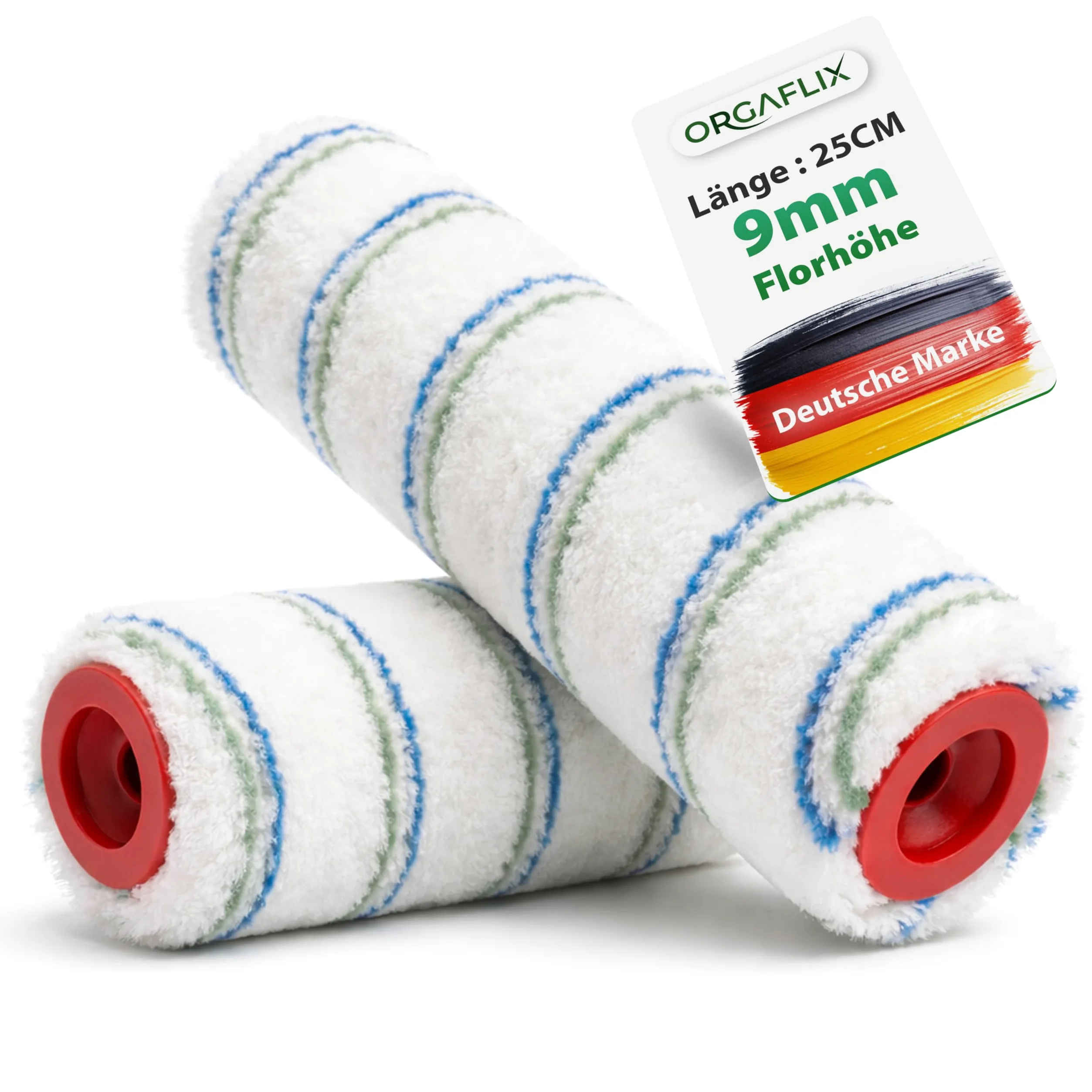ORGAFLIX Rodillo de pintura profesional de 25 cm, 2 unidades, ideal para absorción y dispensación de color, altura de pelo aprox. 9 mm, núcleo de 48 mm, rodillo de pintura para pared, rodillo grande,