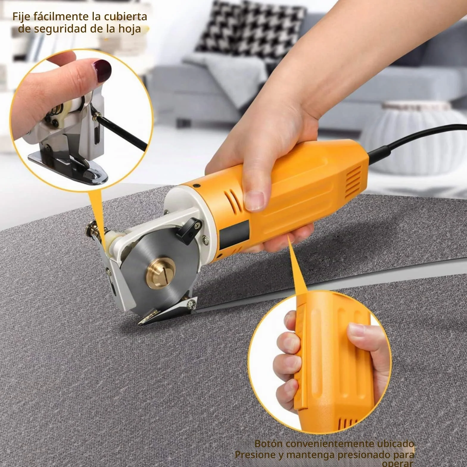Cortadora de tela eléctrica rotativa Tijeras Eléctricas para Tejidos con Espesor de Corte de 1 para tela, cuero y alfombra con cuchillas