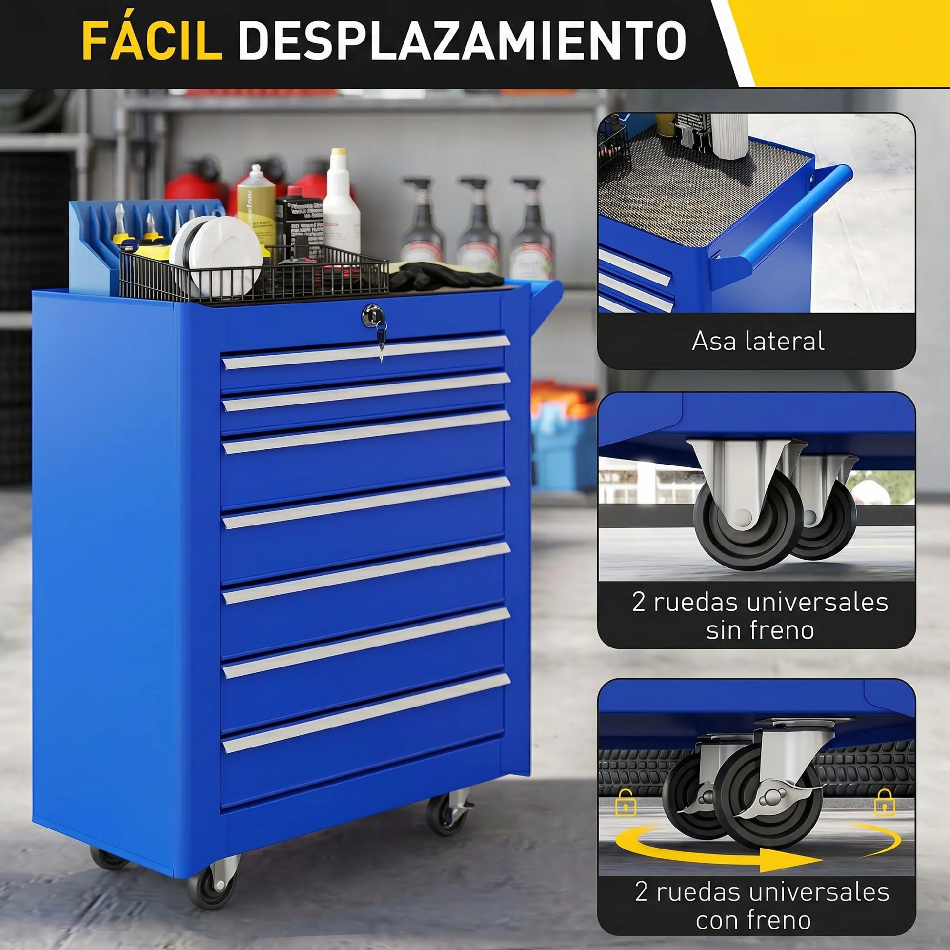 DURHAND Carro de Herramientas 7 Cajones con Cerradura, Asa, 2 Ruedas Freno de Bloqueo, Azul