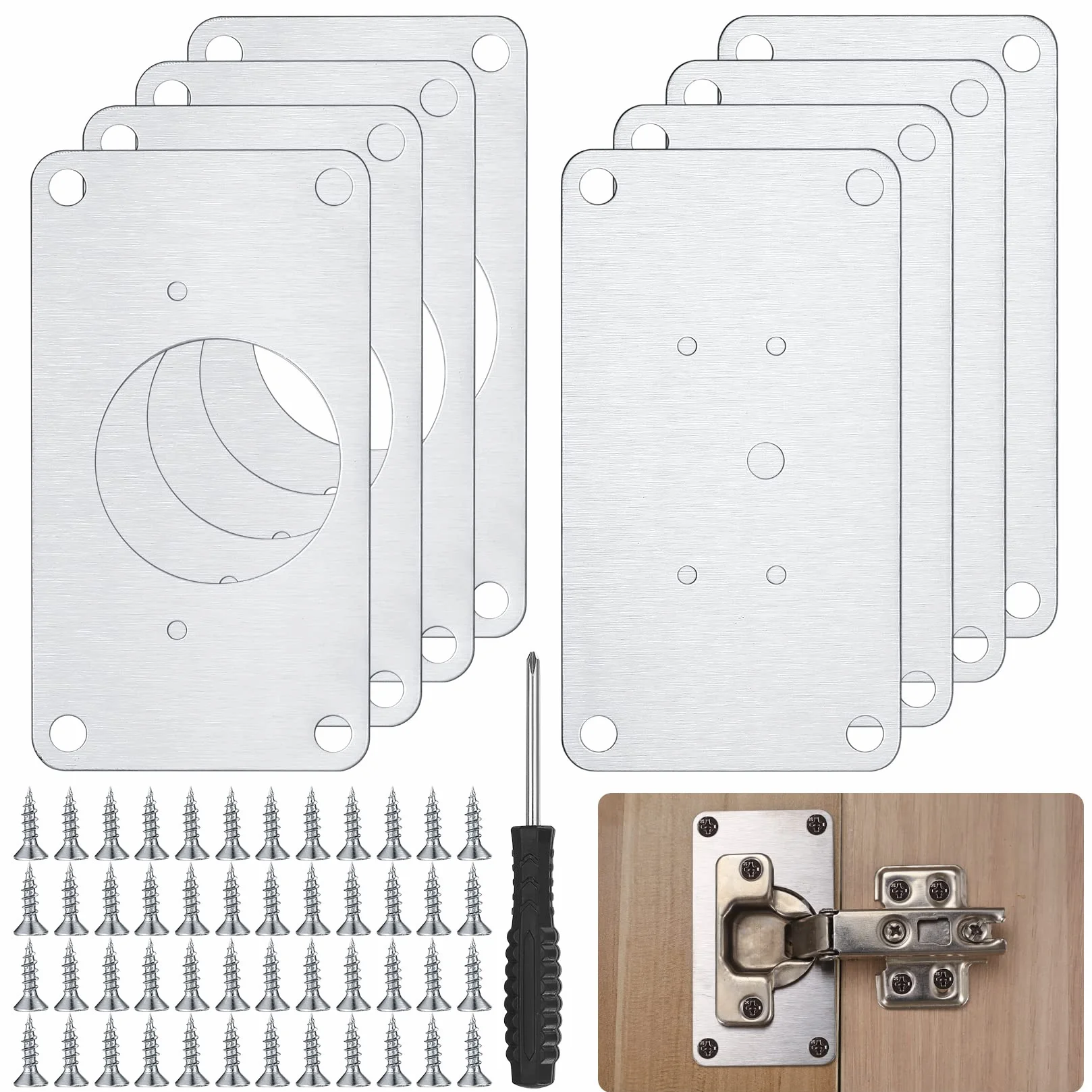 8 Pieza Kit de Reparación de Bisagras, Placas de Soportes para Puertas Muebles Gabinete Cajón Armario Ventana, con Destornillador