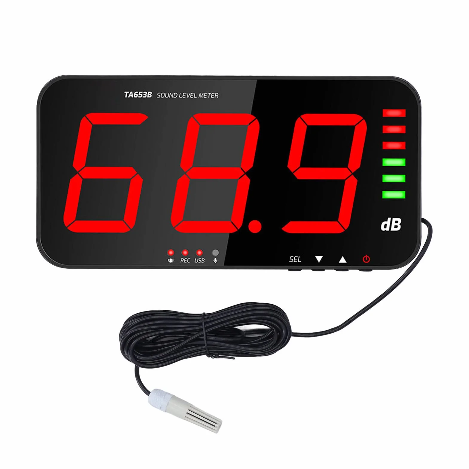 30dB-130dB DC5V 1A Medidor de Decibelios Micro USB TA654B Pantalla de 13 Pulgadas Pantalla de 3 Dígitos Medidor de Nivel de Sonido Colgador de Pared Lector de Decibelios Digital