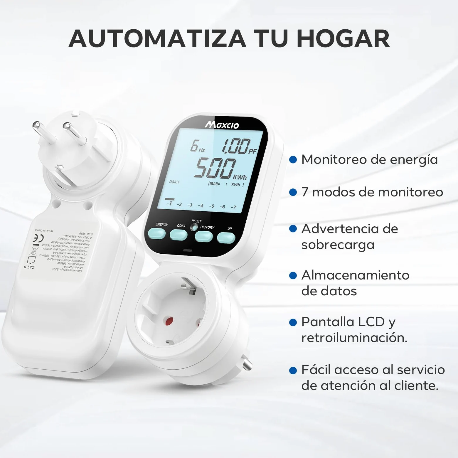 Maxcio Medidor de Consumo de Energía, enchufe de ahorro energético con pantalla LCD retroiluminada, 7 Modos Medidor de Consumo Electrico con Protección contra Sobrecarga, Nuevo Estilo