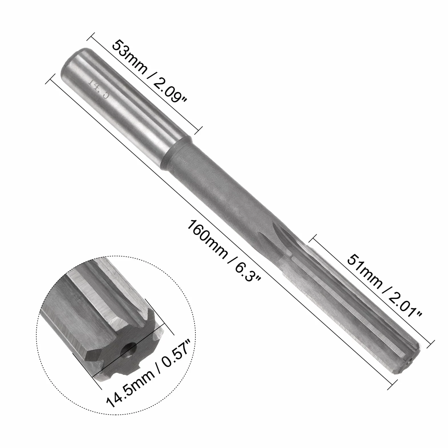Escariador de Mandril 14.5mm H7 HSS 6 Flautas Rectas Vástago Redondo Herramienta de Corte