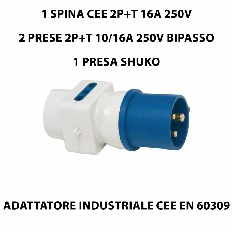 Adaptador de enchufe industrial CEE 16 A, toma Schuko + bipaso 10/16 A 250 V