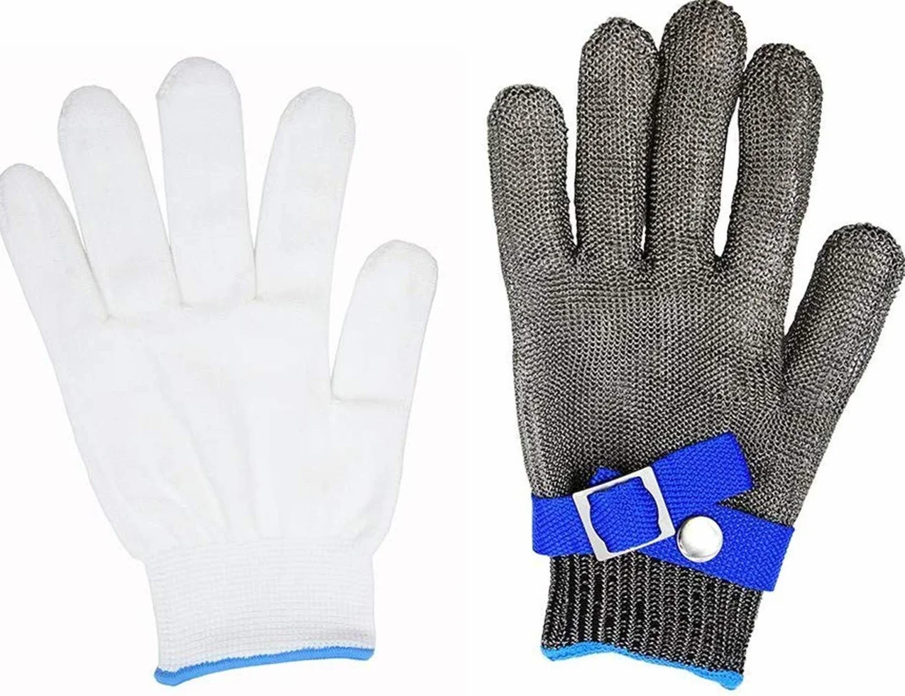 Guante seguridad malla acero inoxidable anticortes nivel 5 protección talle L azul