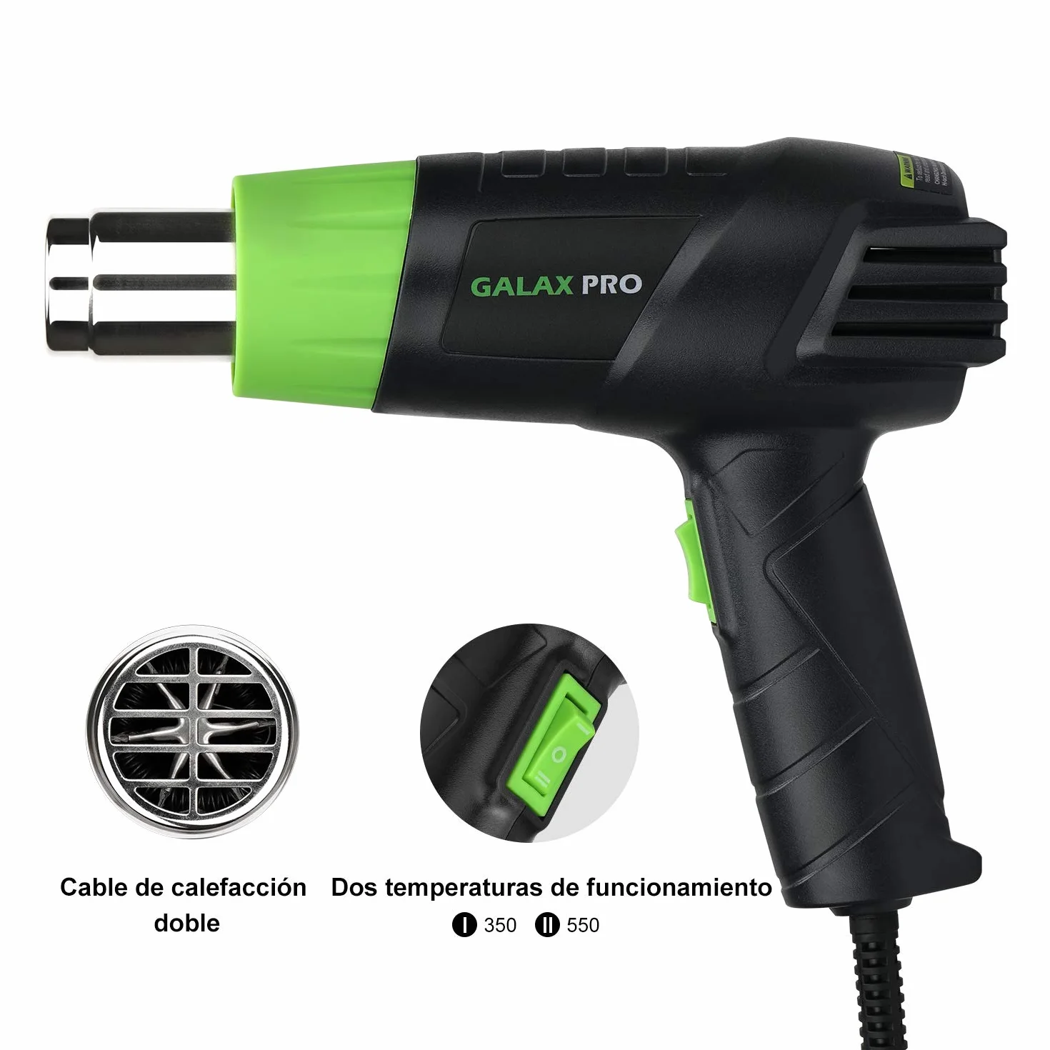 GALAX PRO Pistola de Aire Caliente, 2000W Dos Niveles de Temperaturay Tlujo de Aire Ajustables (Ⅰ: 350 ℃ 250L / min, Ⅱ: 550 ℃ 500L / min) con 4 Boquillas, Doble Protección