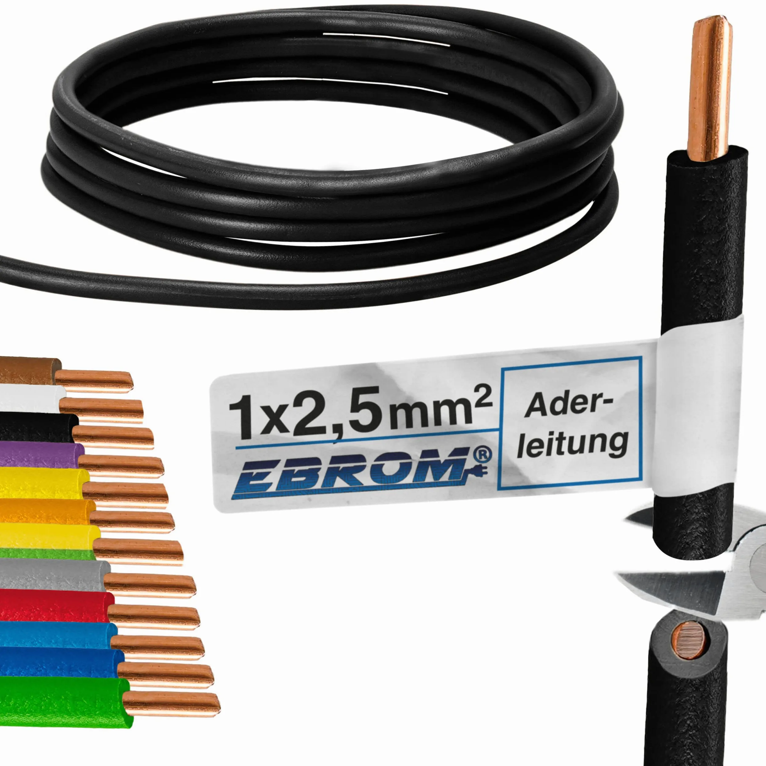 EBROM Cable de PVC Rígido H07V-U 2,5 mm² - Negro - Longitudes de 10 a 100 Metros - Seleccionada: 50 m
